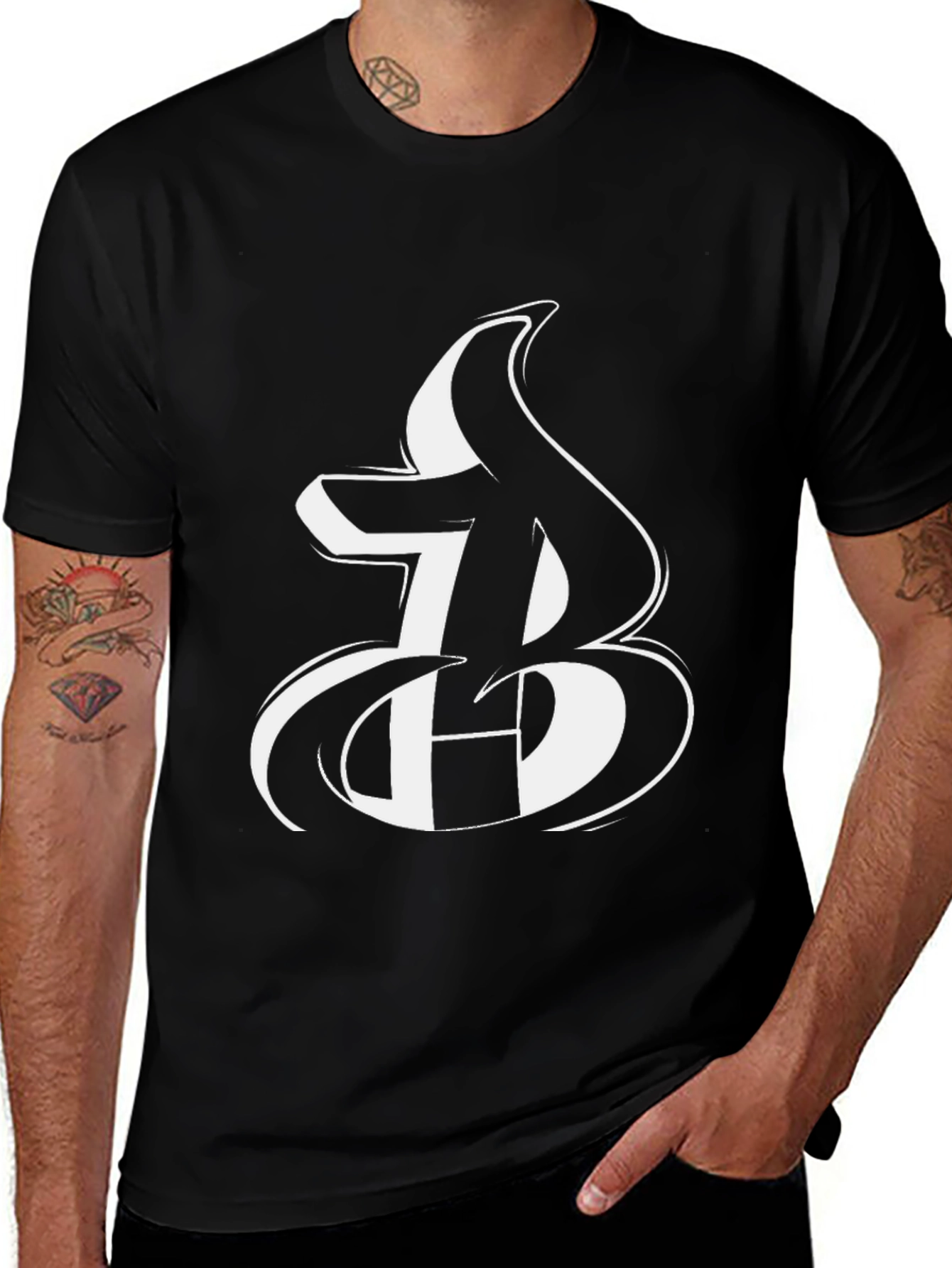 Bold Initial Graphic Tee - Black Cotton Blend T-Shirt