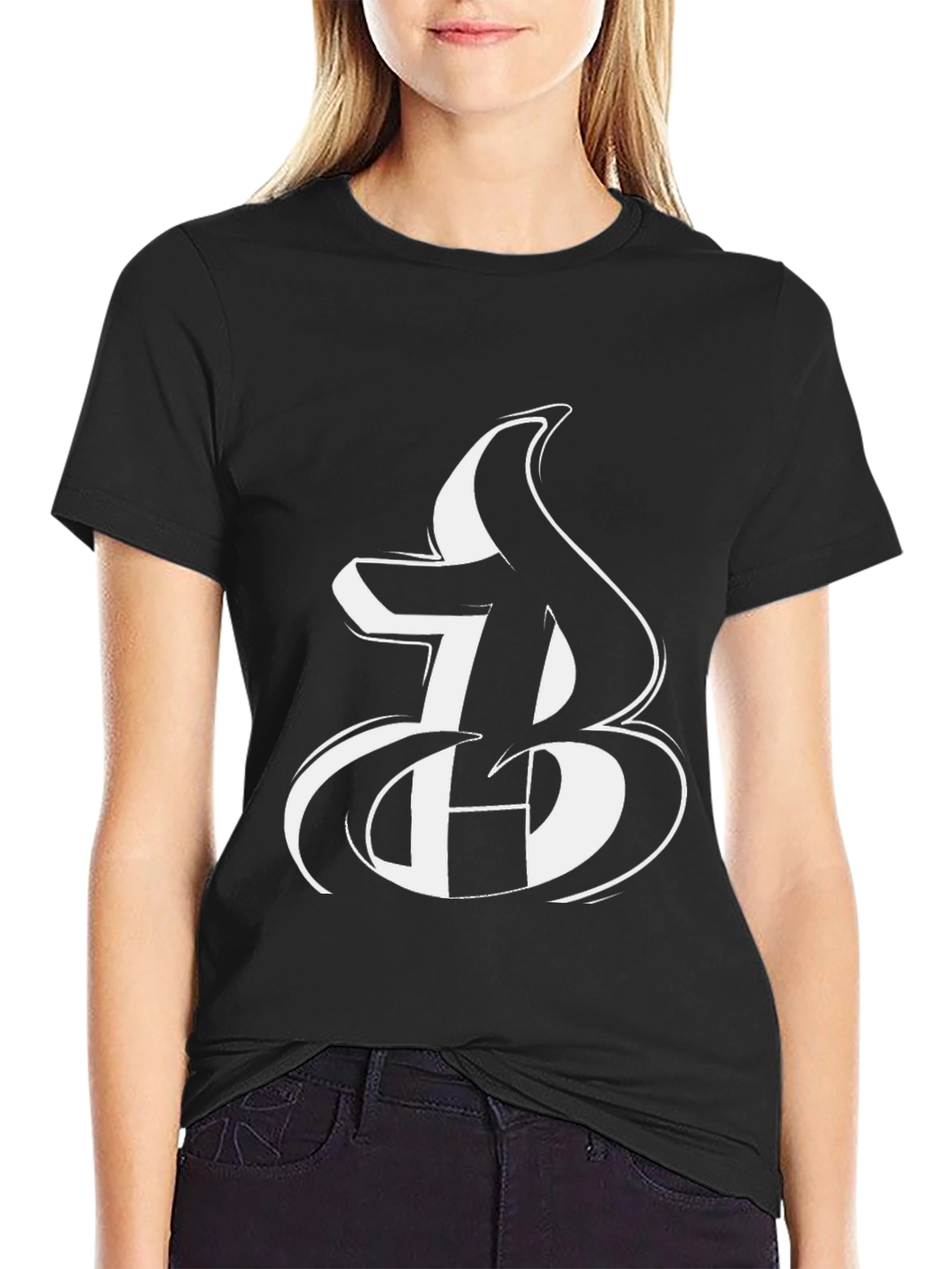 Bold Initial Graphic Tee - Black Cotton Blend T-Shirt