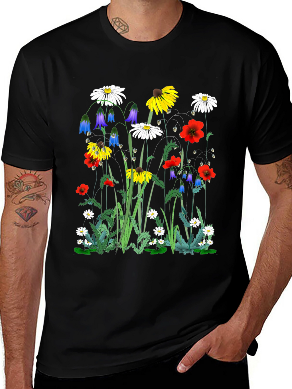Floral Print T-Shirt - Black Unisex Tee