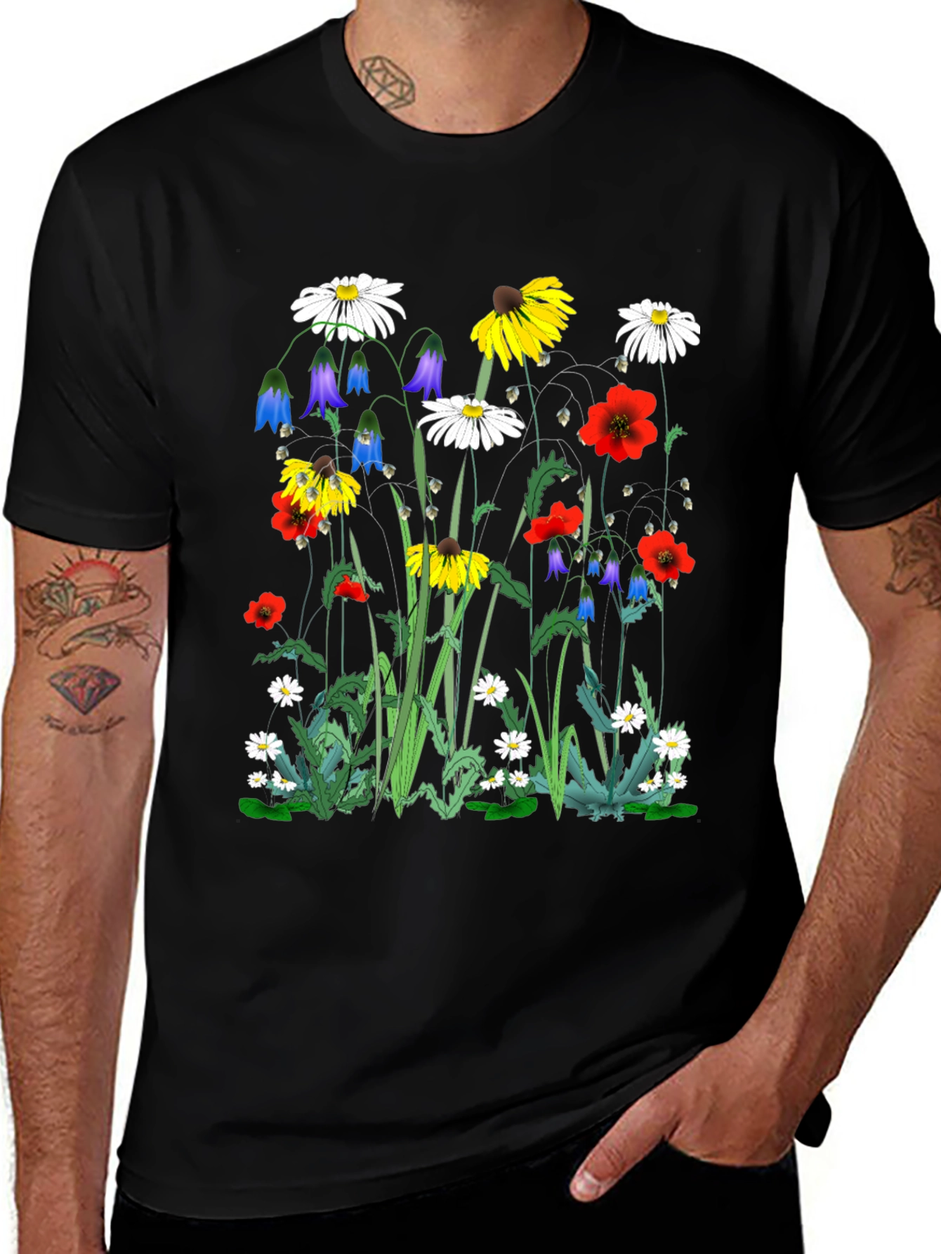 Floral Print T-Shirt - Black Unisex Tee