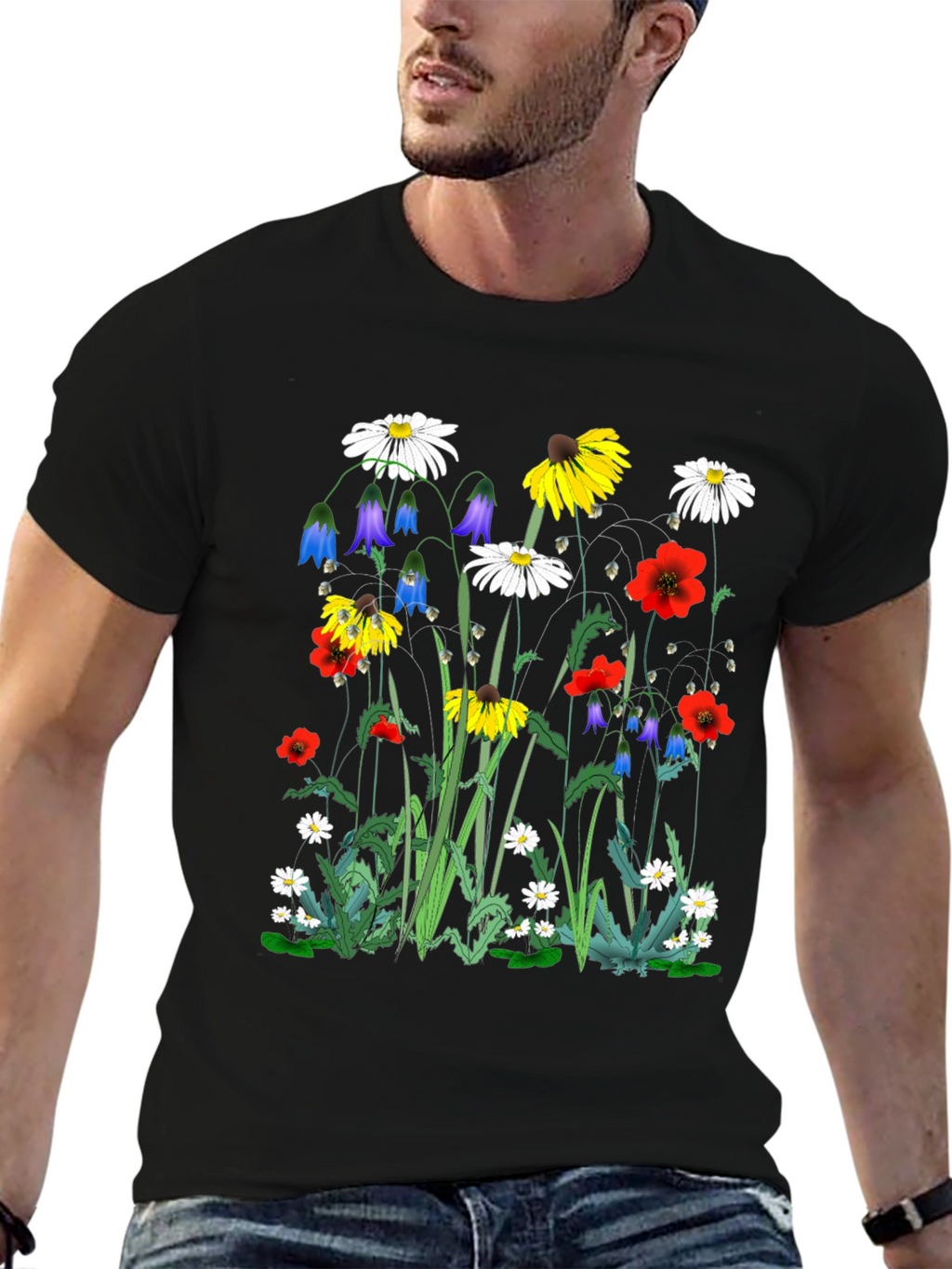 Floral Print T-Shirt - Black Unisex Tee