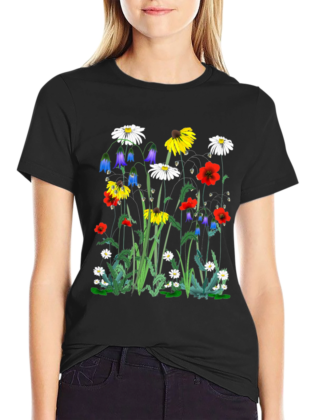 Floral Print T-Shirt - Black Unisex Tee