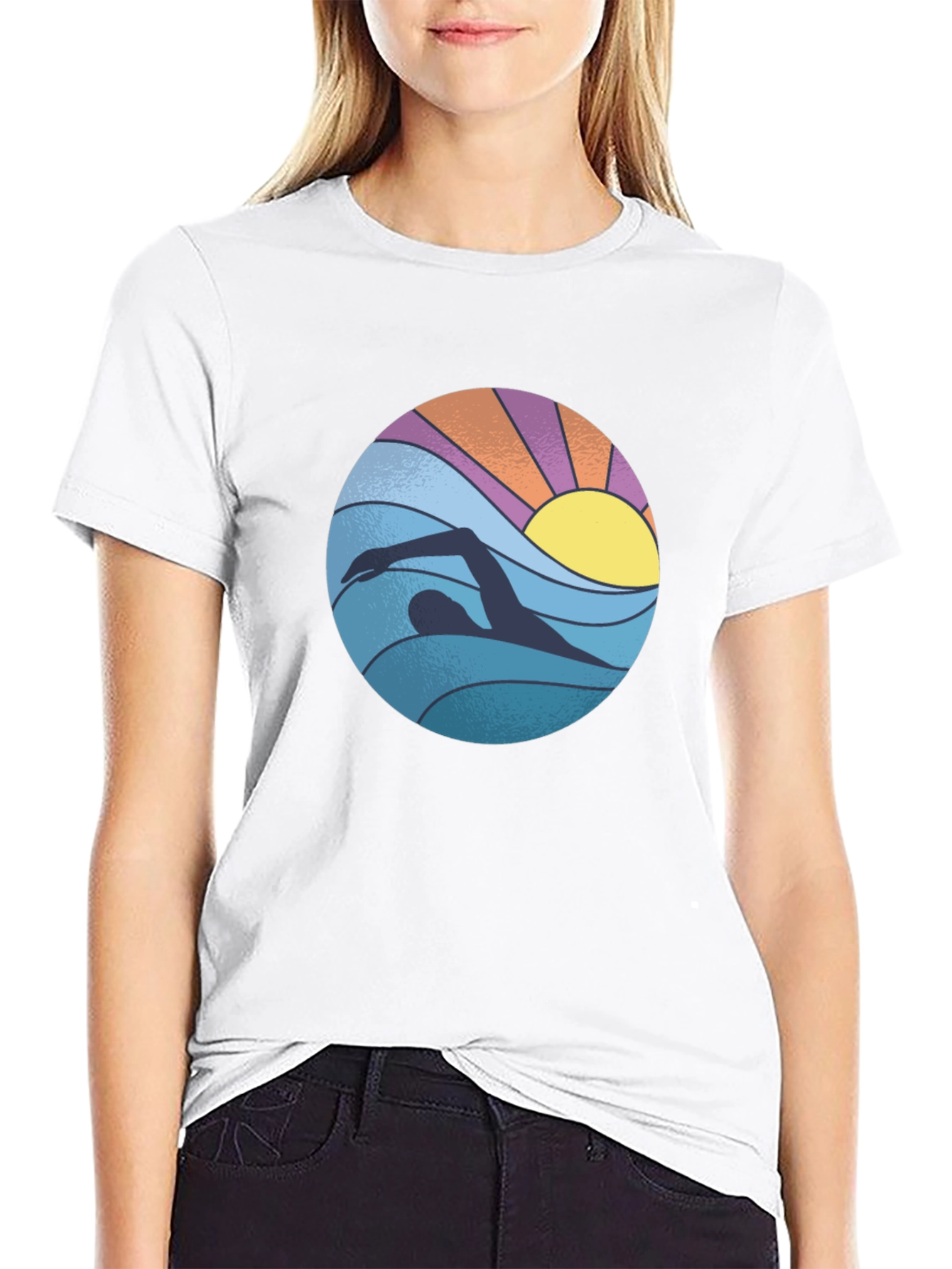 Retro Swimmer Graphic Tee - Black Cotton Blend