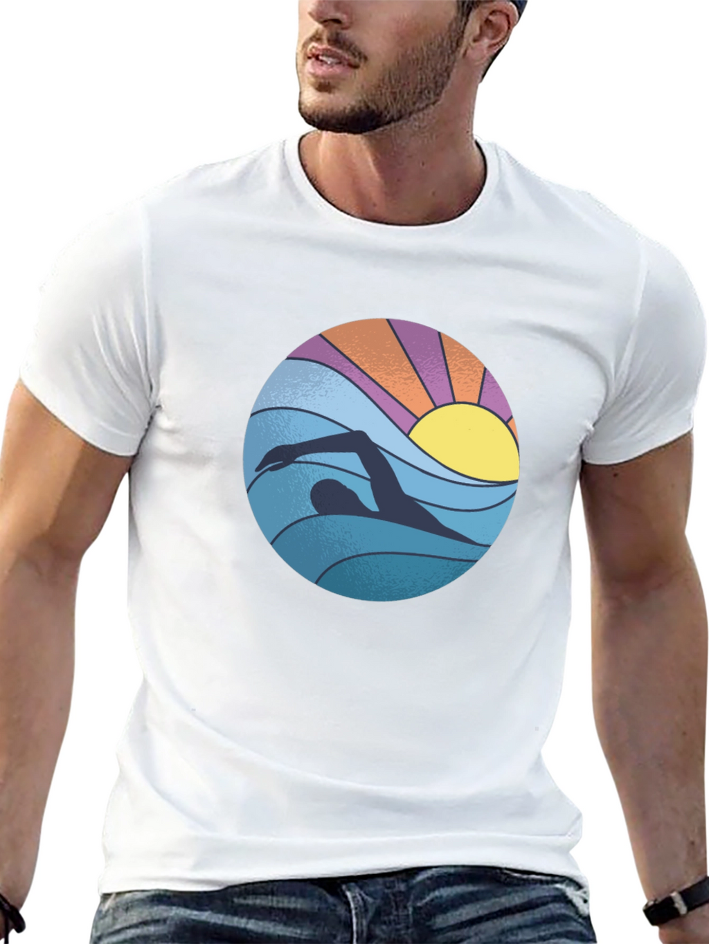 Retro Swimmer Graphic Tee - Black Cotton Blend