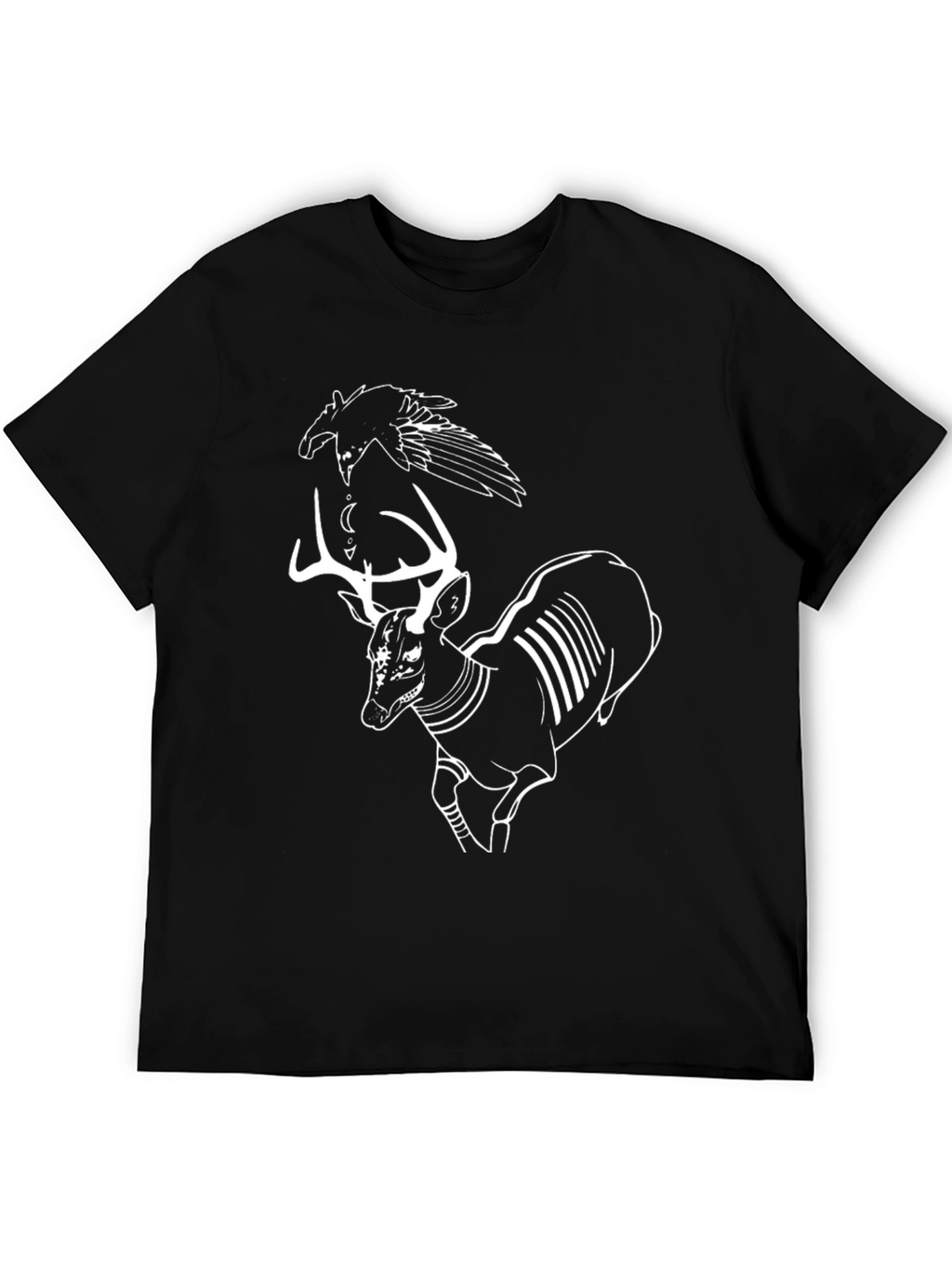 Raven and Deer Graphic Tee - Black Cotton T-Shirt
