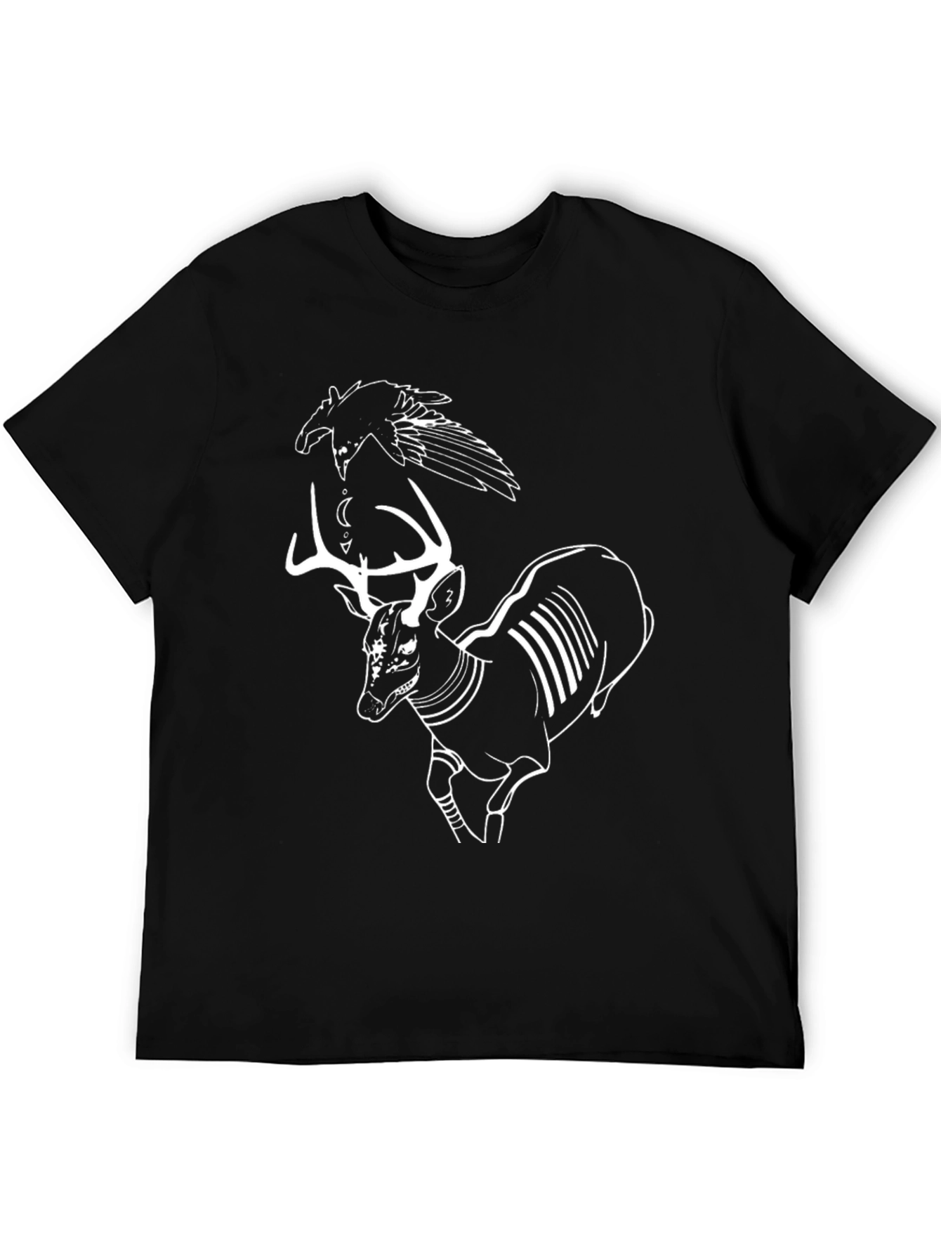 Raven and Deer Graphic Tee - Black Cotton T-Shirt