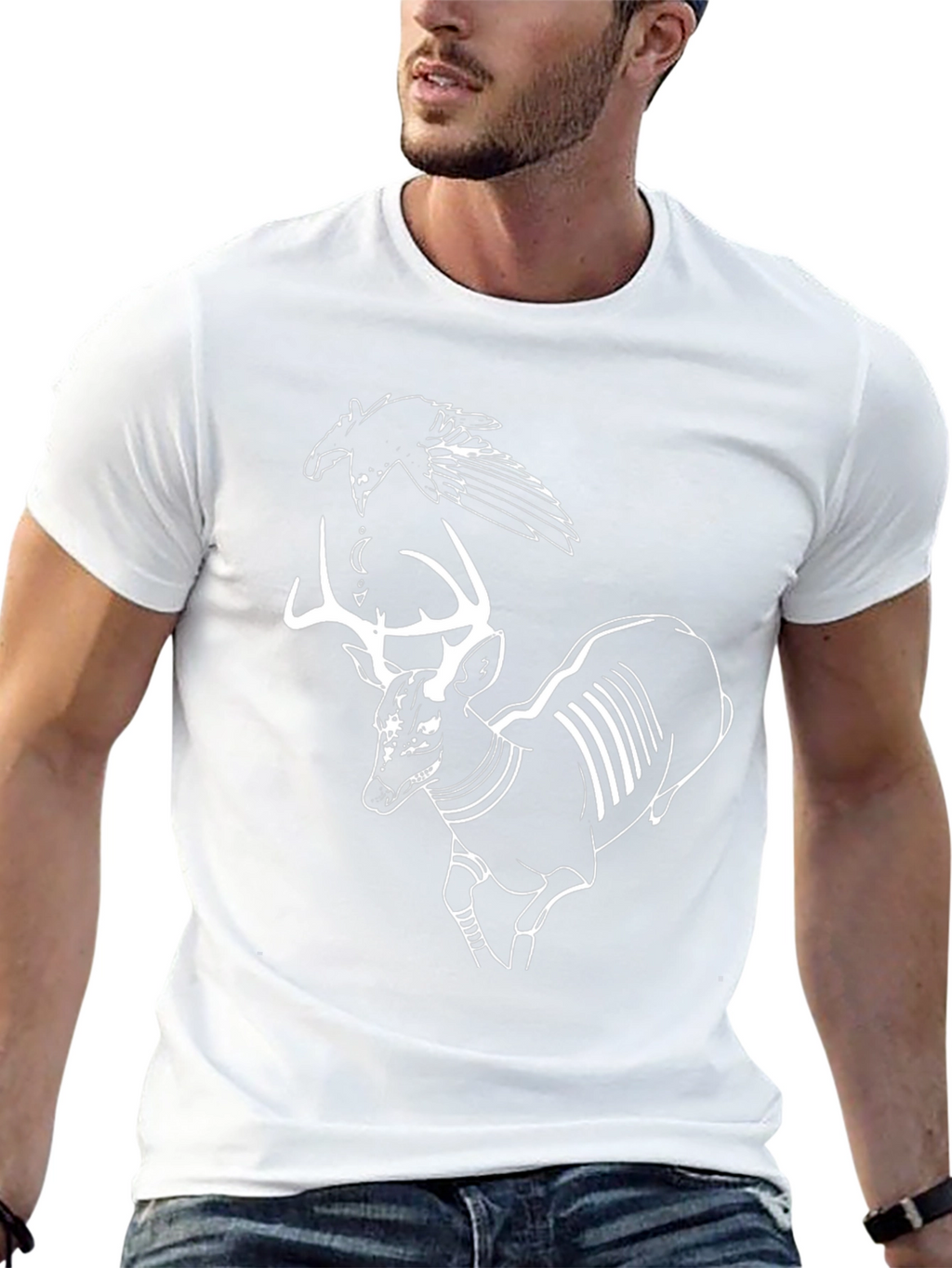 Raven and Deer Graphic Tee - Black Cotton T-Shirt