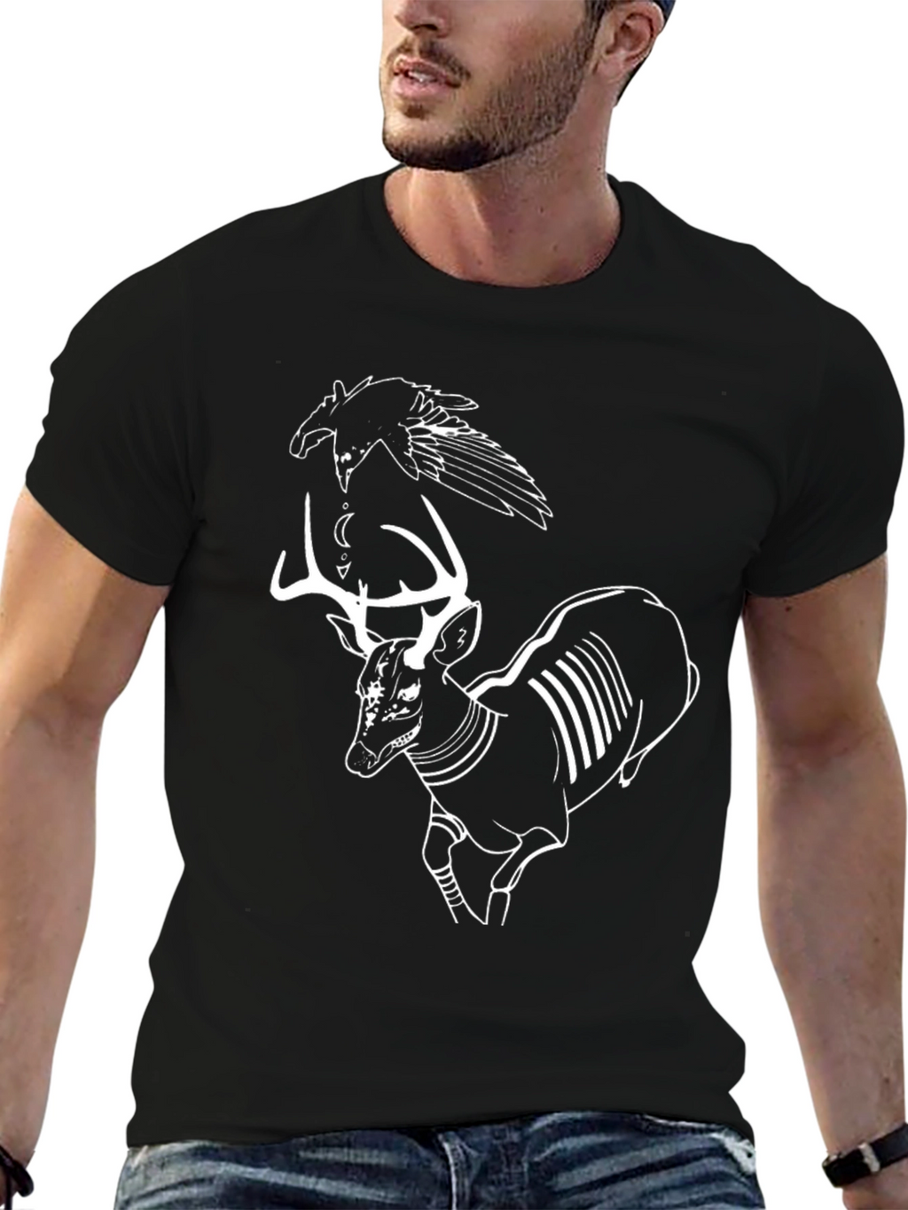 Raven and Deer Graphic Tee - Black Cotton T-Shirt