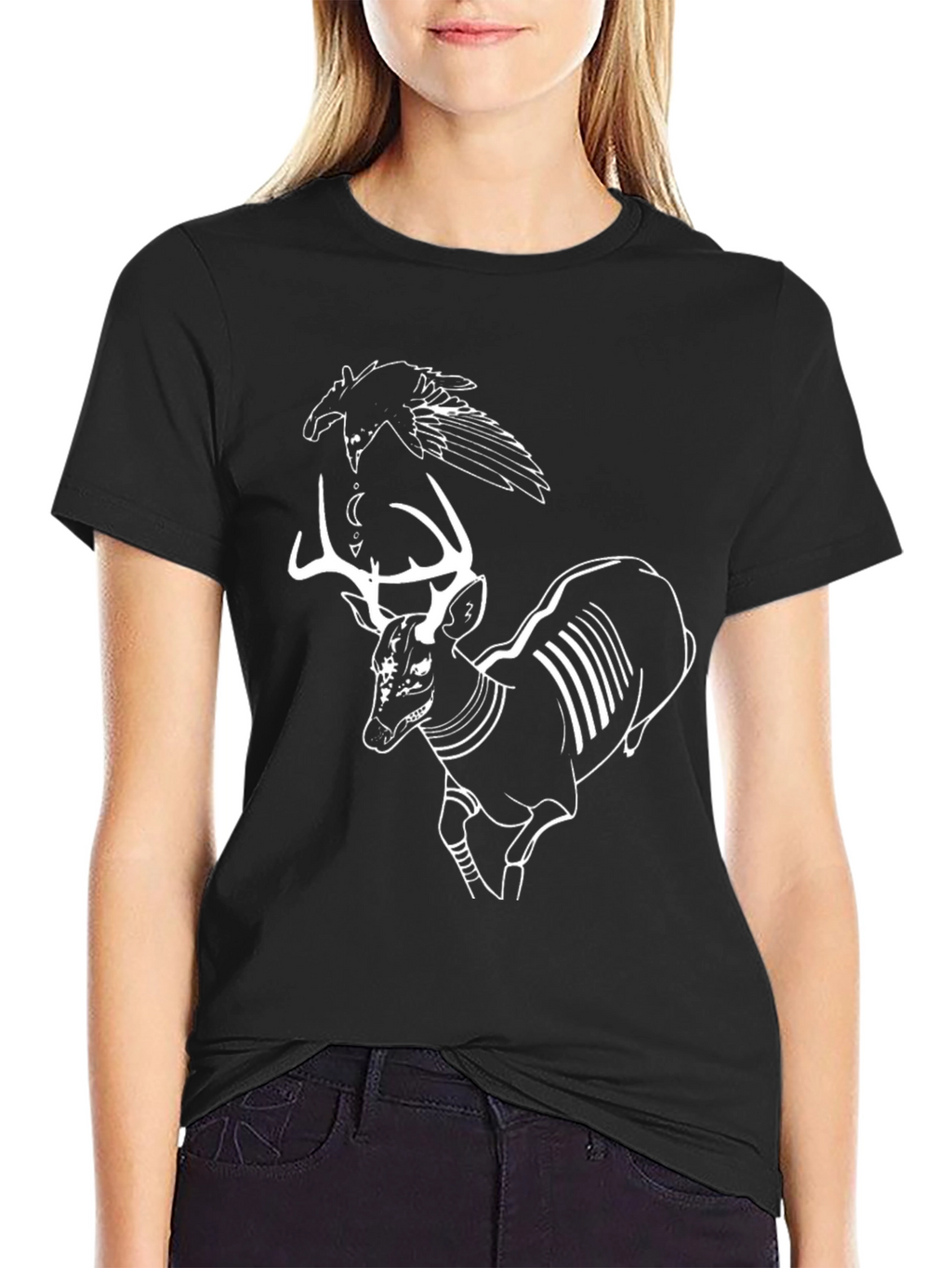 Raven and Deer Graphic Tee - Black Cotton T-Shirt