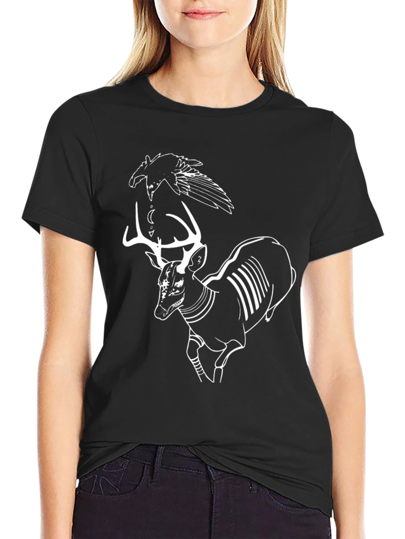 Raven and Deer Graphic Tee - Black Cotton T-Shirt