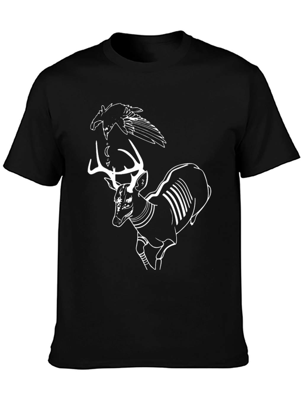 Raven and Deer Graphic Tee - Black Cotton T-Shirt