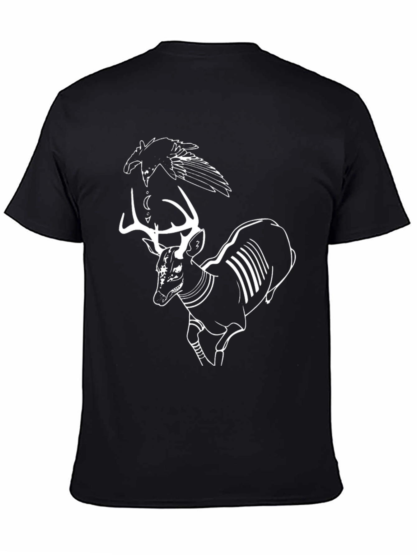 Raven and Deer Graphic Tee - Black Cotton T-Shirt