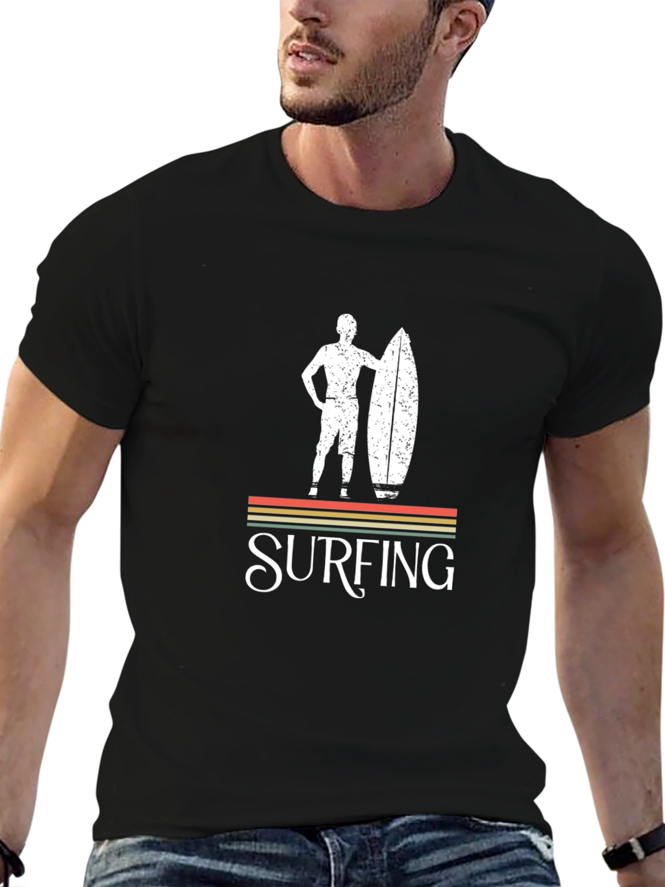 Retro Surfing Graphic Tee - Black Cotton T-Shirt