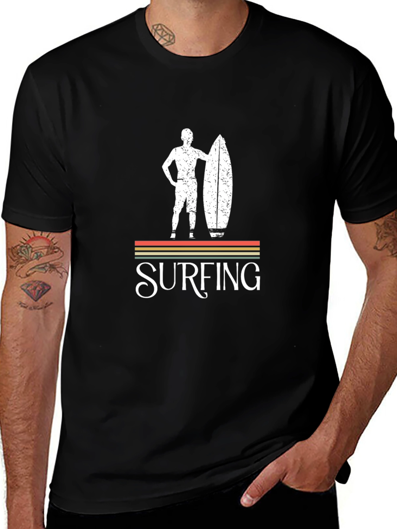 Retro Surfing Graphic Tee - Black Cotton T-Shirt