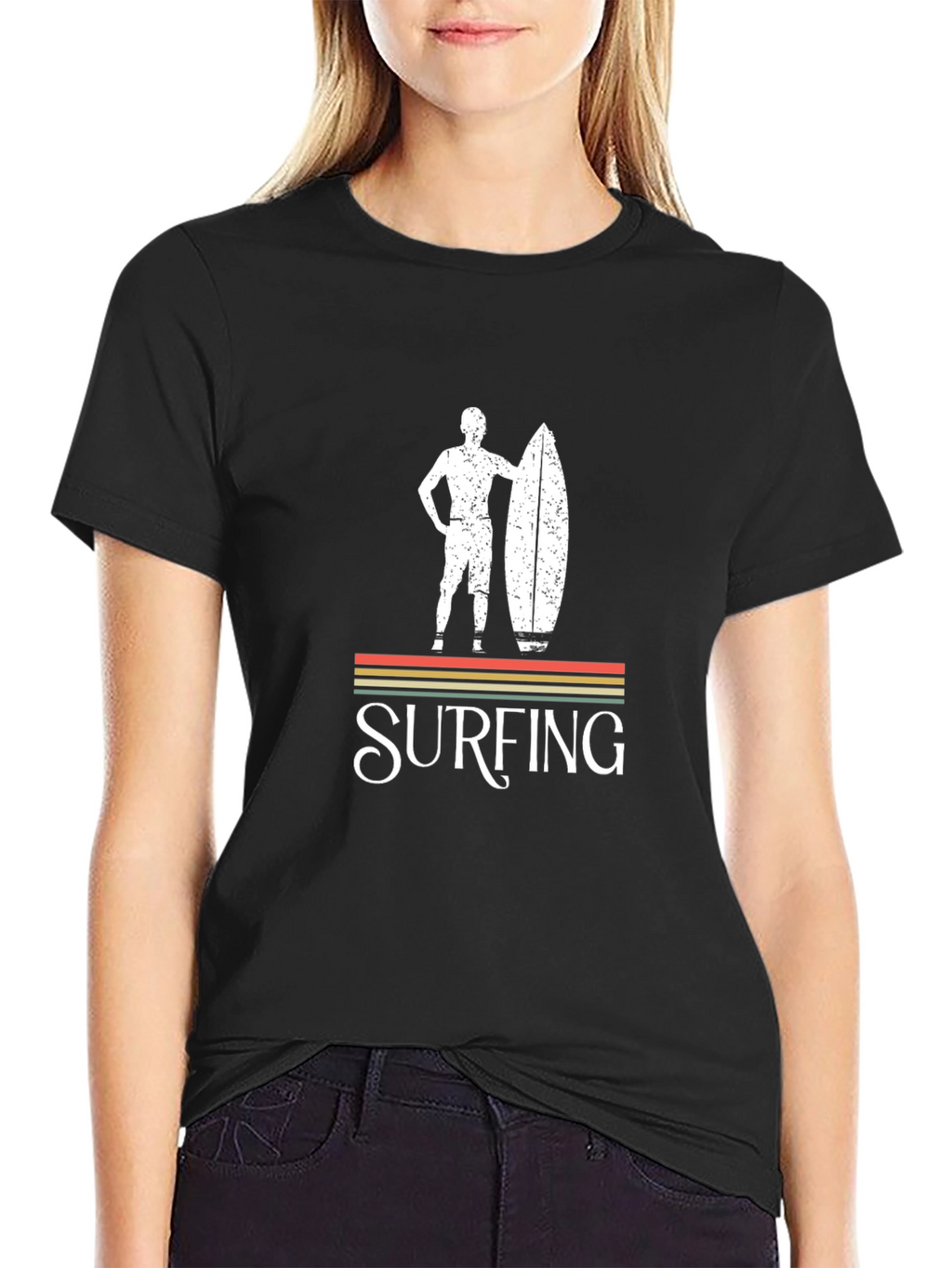 Retro Surfing Graphic Tee - Black Cotton T-Shirt