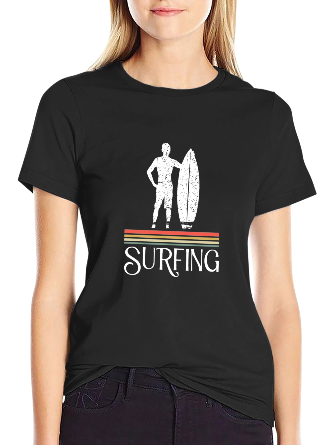 Retro Surfing Graphic Tee - Black Cotton T-Shirt