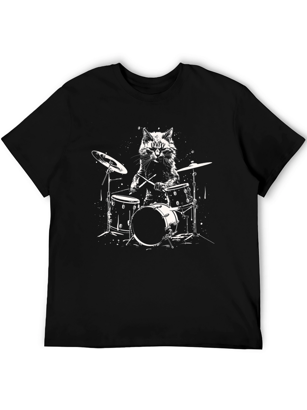 Cat Drummer Graphic Tee - Black Cotton T-Shirt