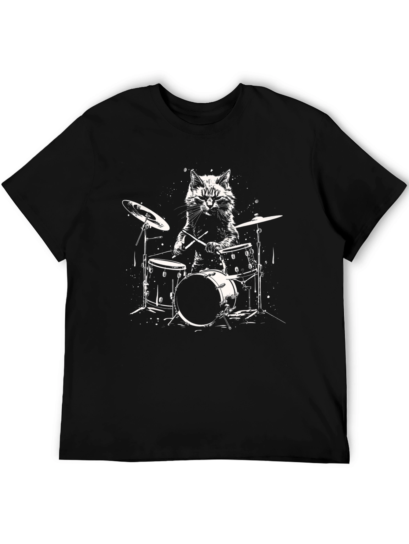 Cat Drummer Graphic Tee - Black Cotton T-Shirt