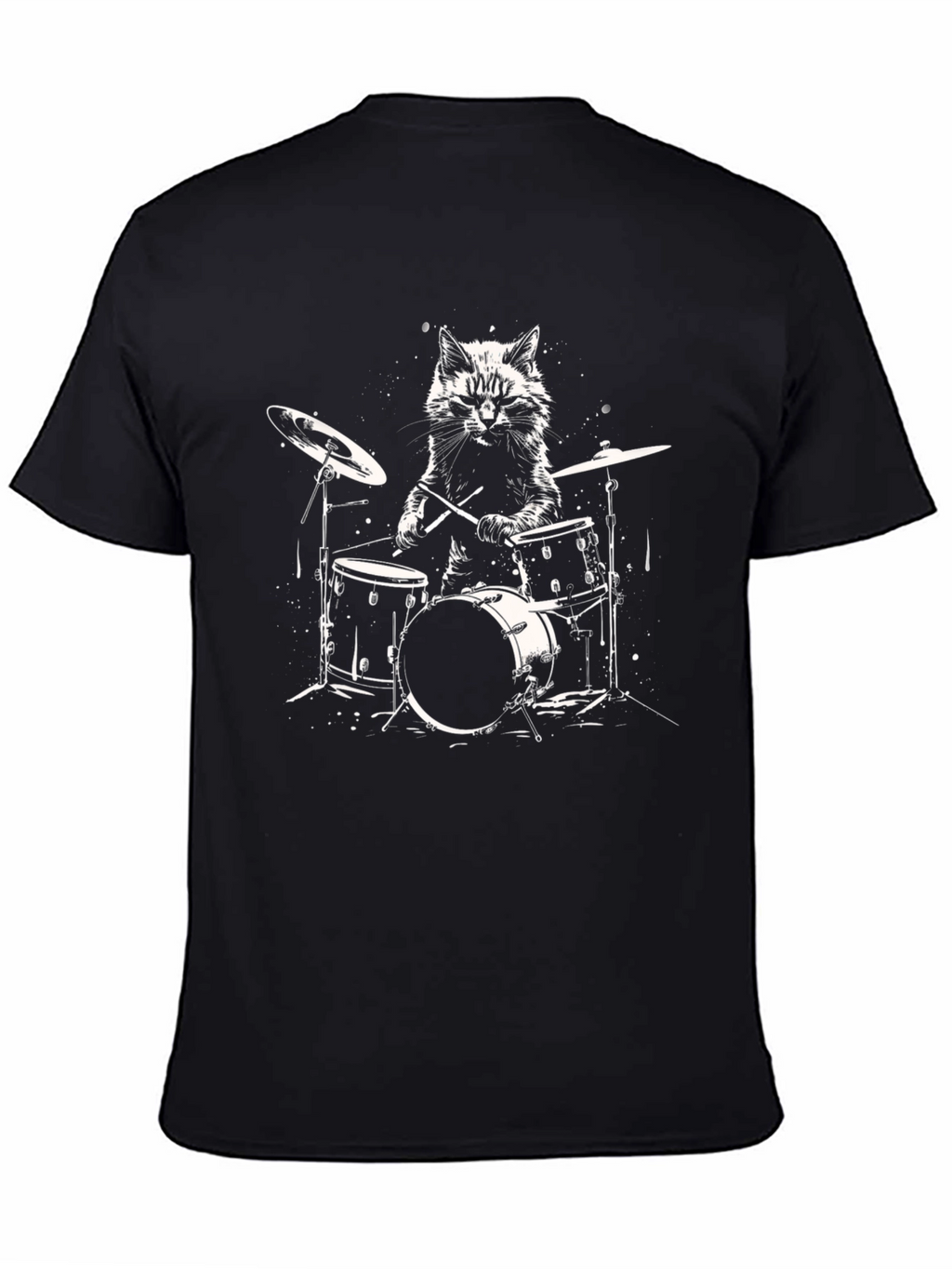 Cat Drummer Graphic Tee - Black Cotton T-Shirt