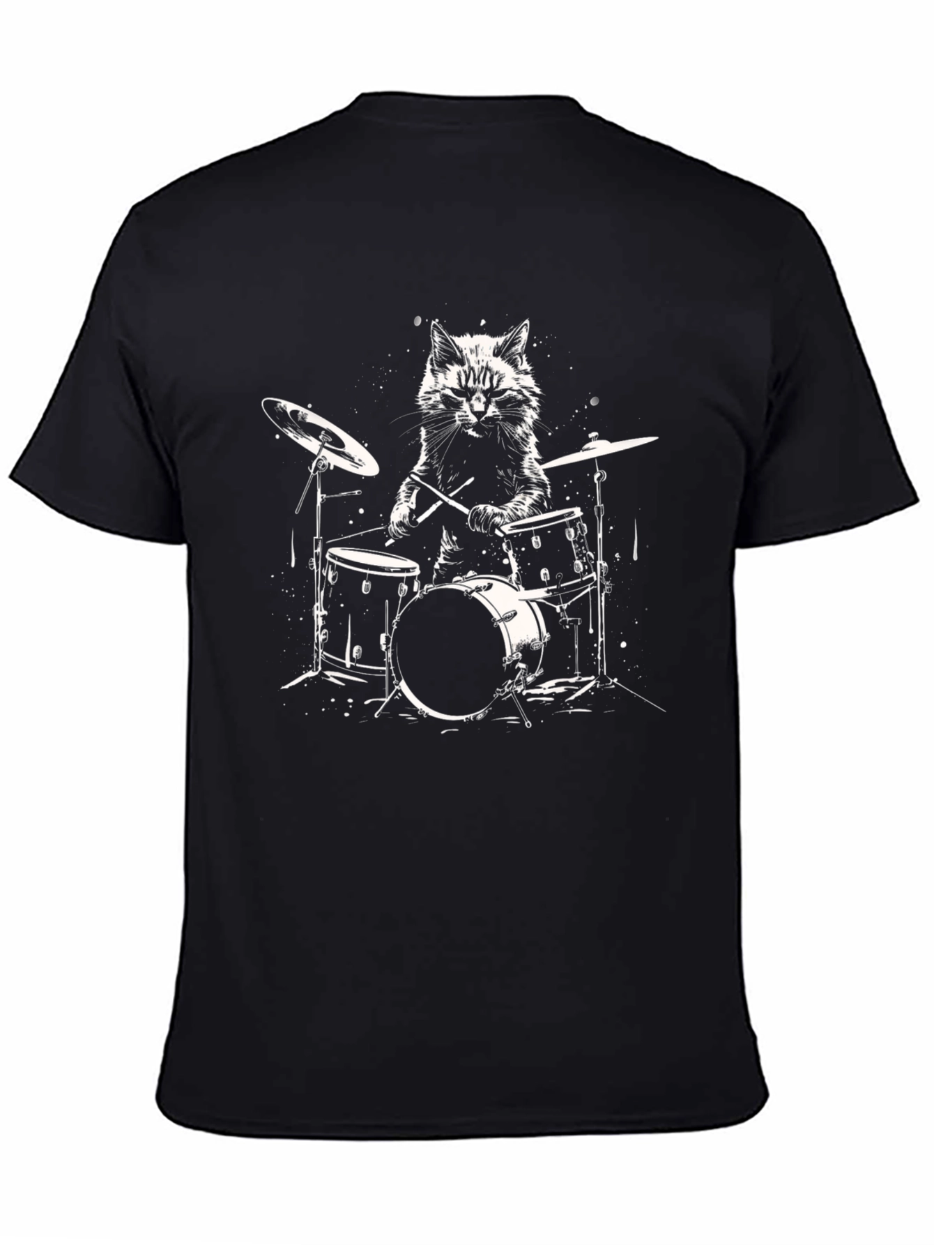 Cat Drummer Graphic Tee - Black Cotton T-Shirt