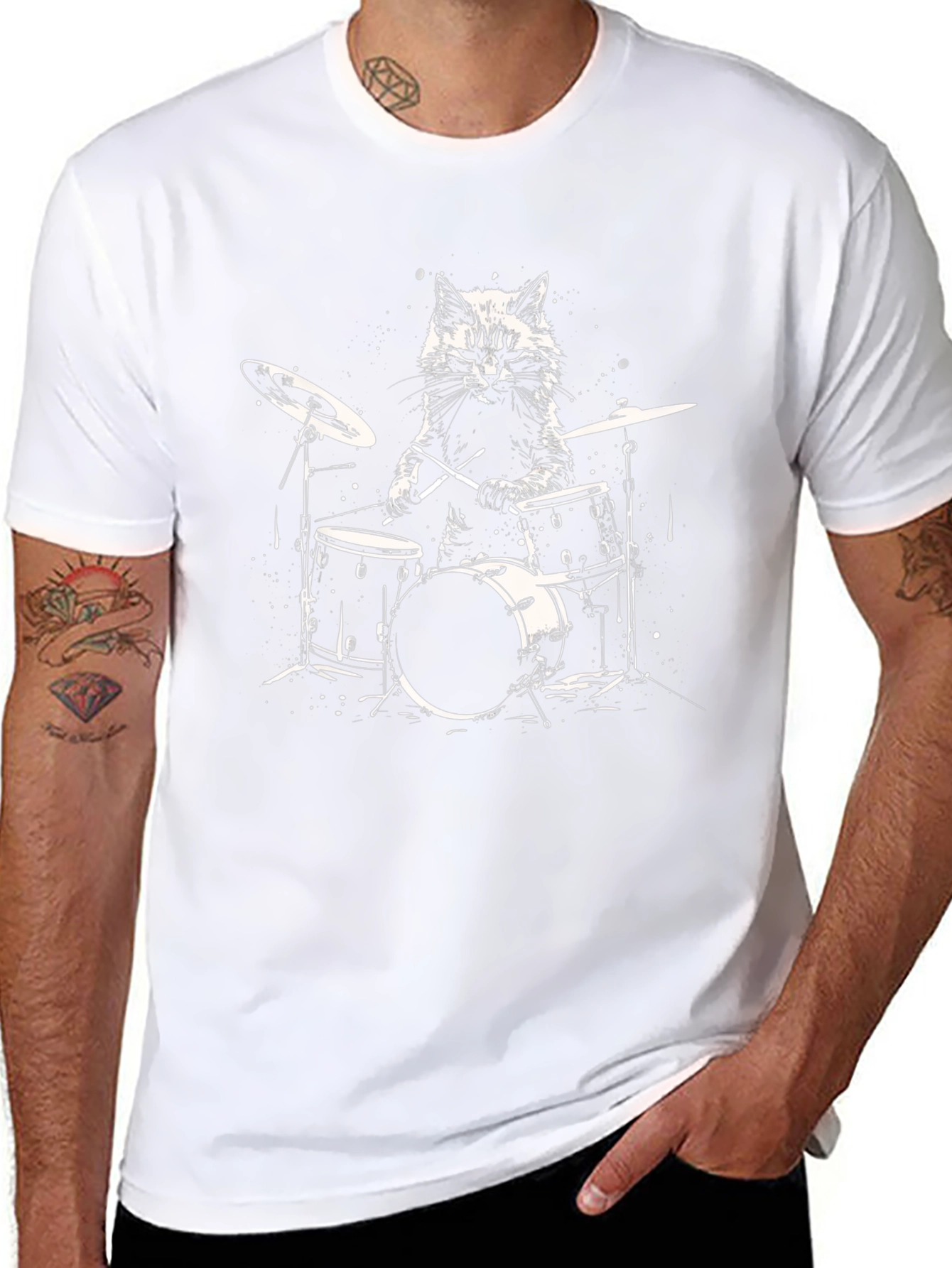 Cat Drummer Graphic Tee - Black Cotton T-Shirt