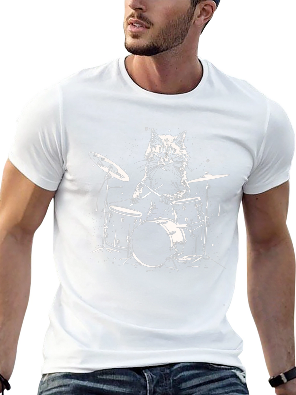 Cat Drummer Graphic Tee - Black Cotton T-Shirt