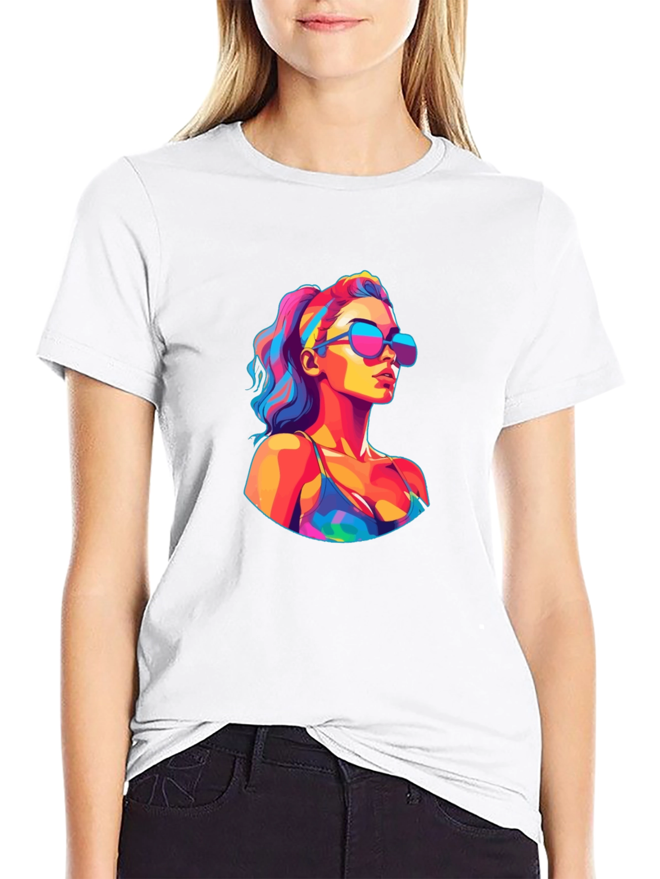 Vibrant Pop Art Woman Black T-Shirt