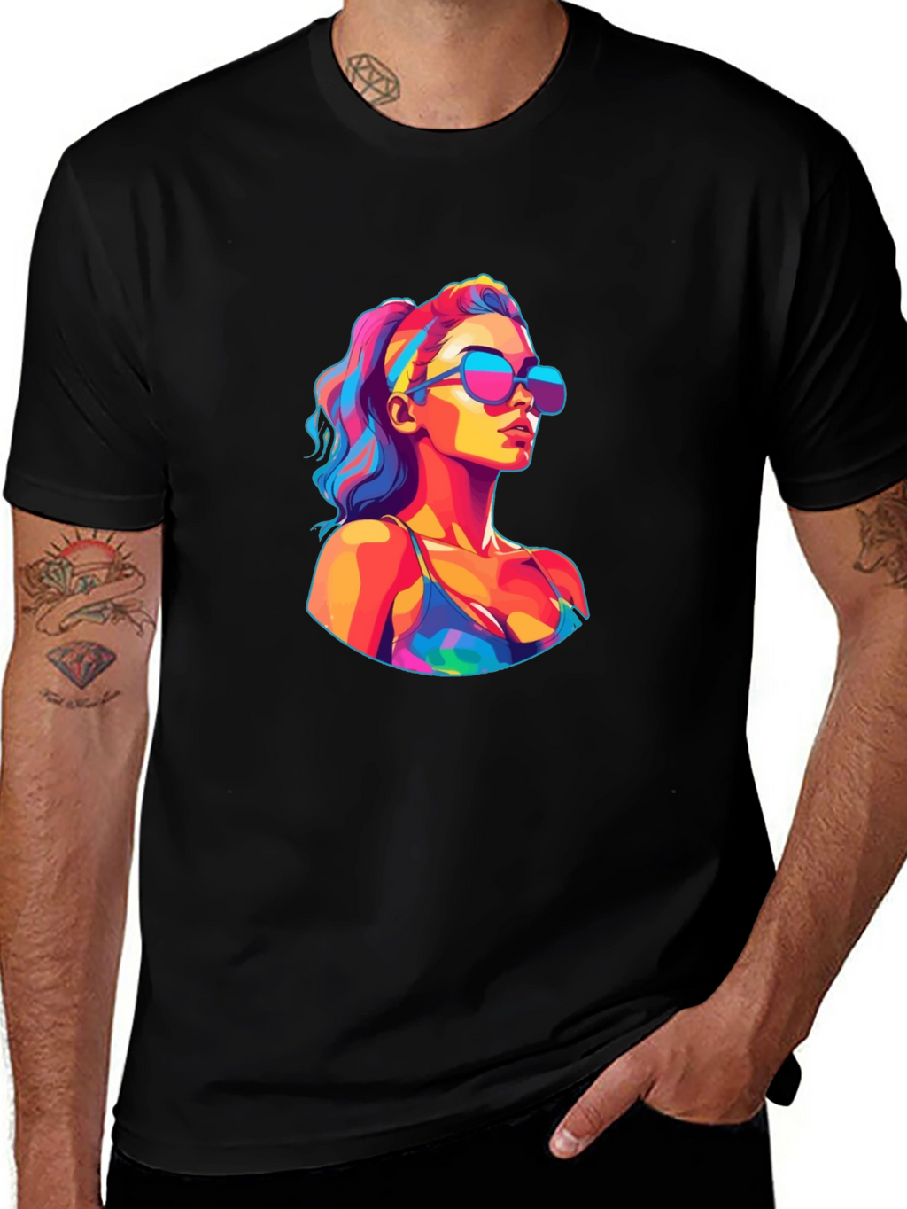 Vibrant Pop Art Woman Black T-Shirt