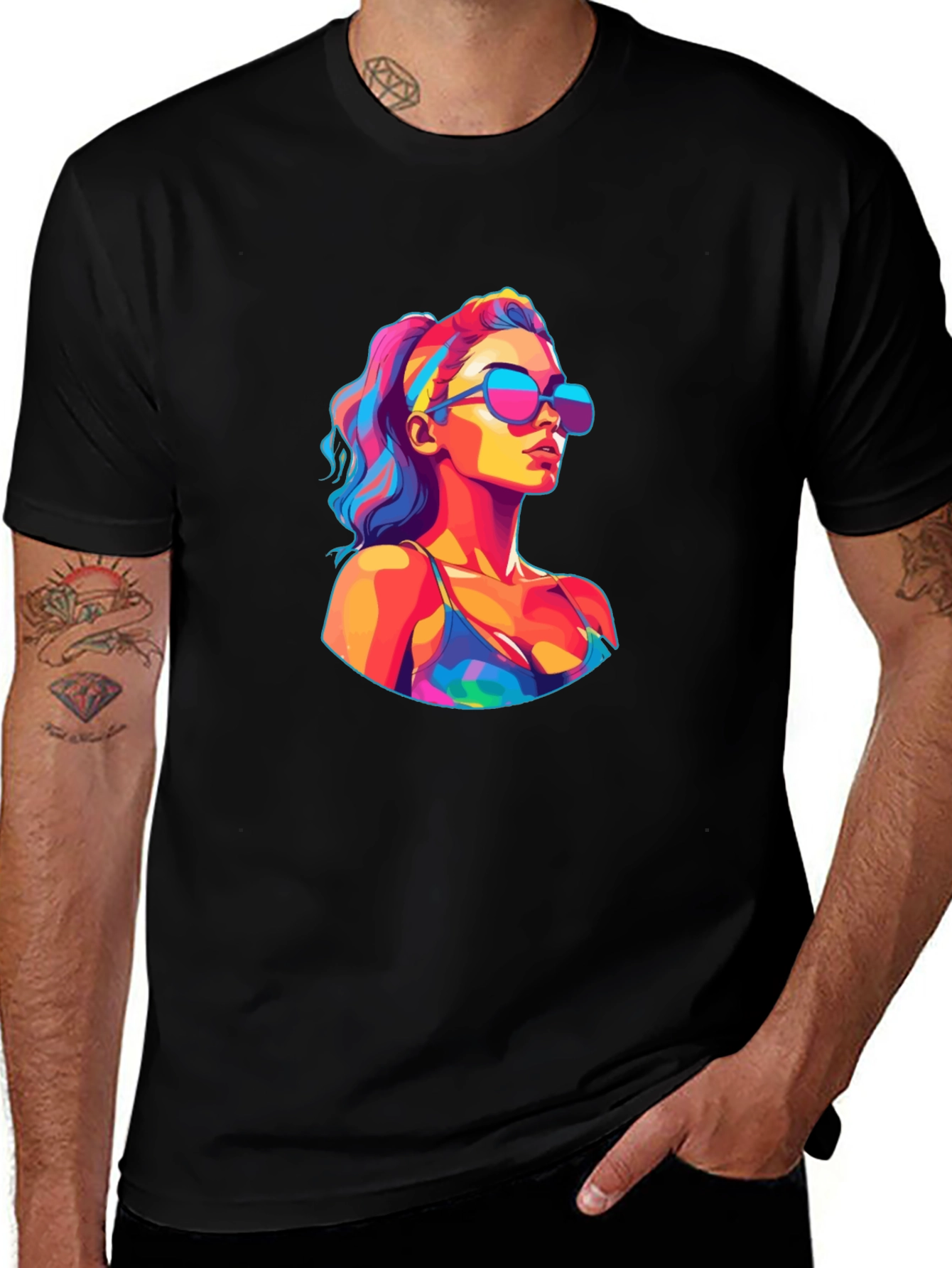 Vibrant Pop Art Woman Black T-Shirt