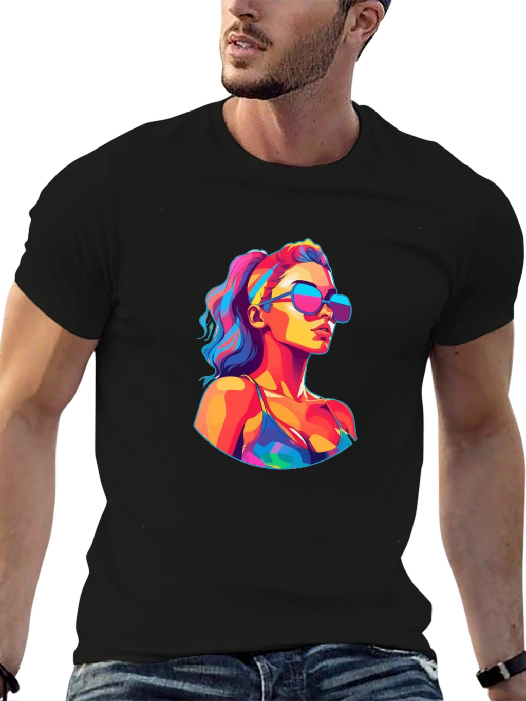 Vibrant Pop Art Woman Black T-Shirt