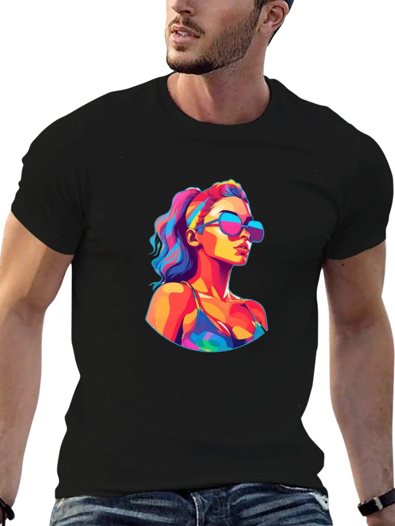 Vibrant Pop Art Woman Black T-Shirt