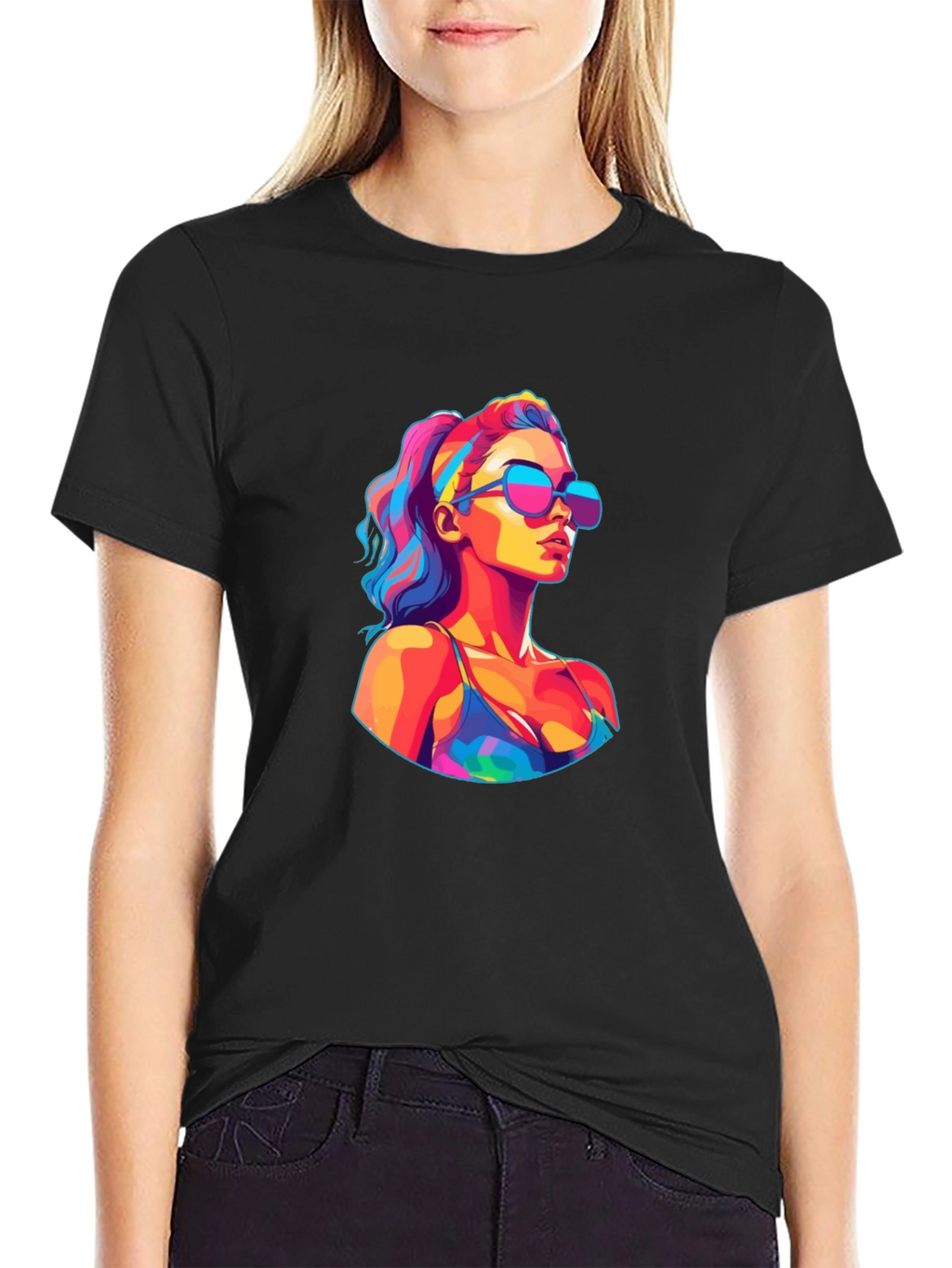 Vibrant Pop Art Woman Black T-Shirt