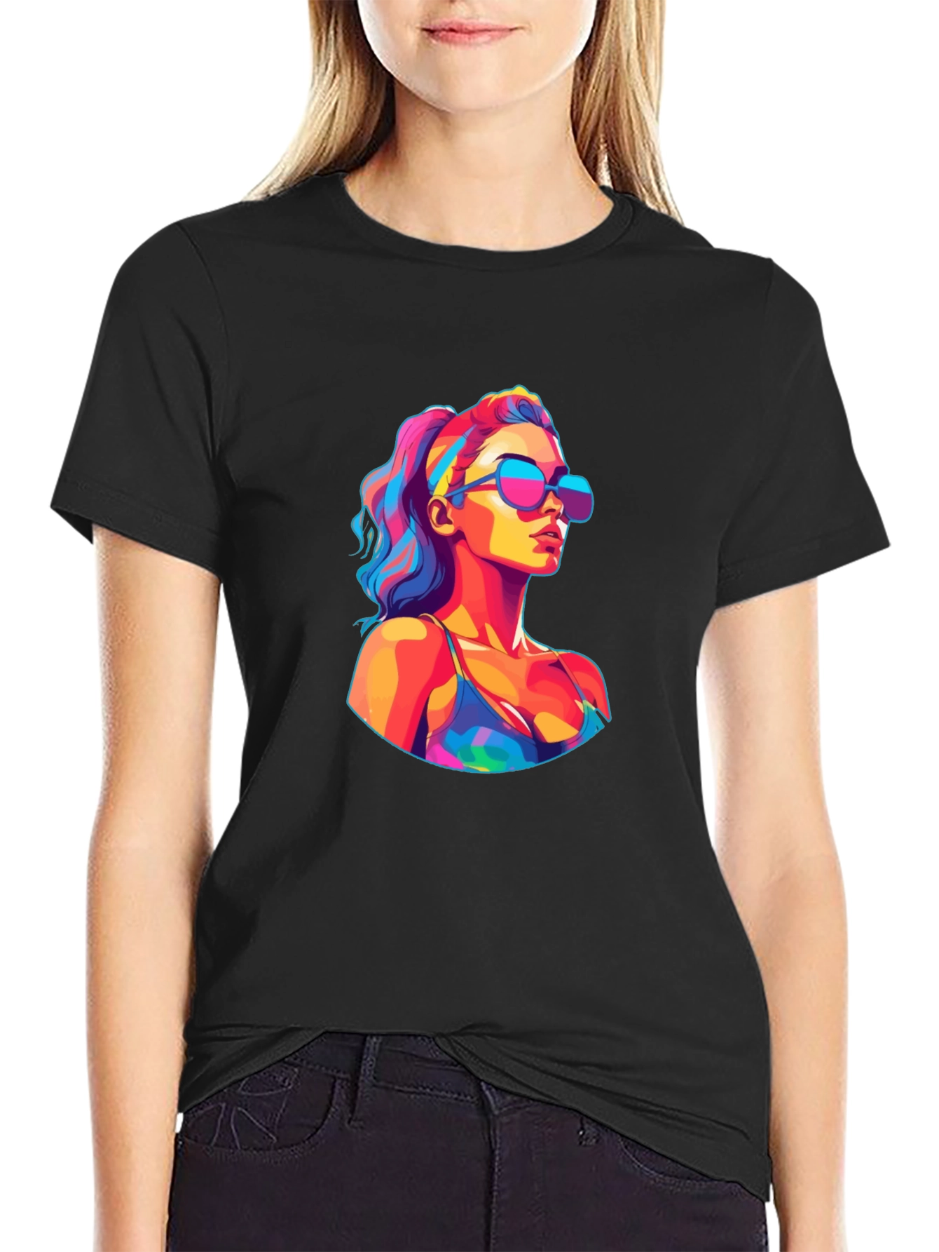 Vibrant Pop Art Woman Black T-Shirt