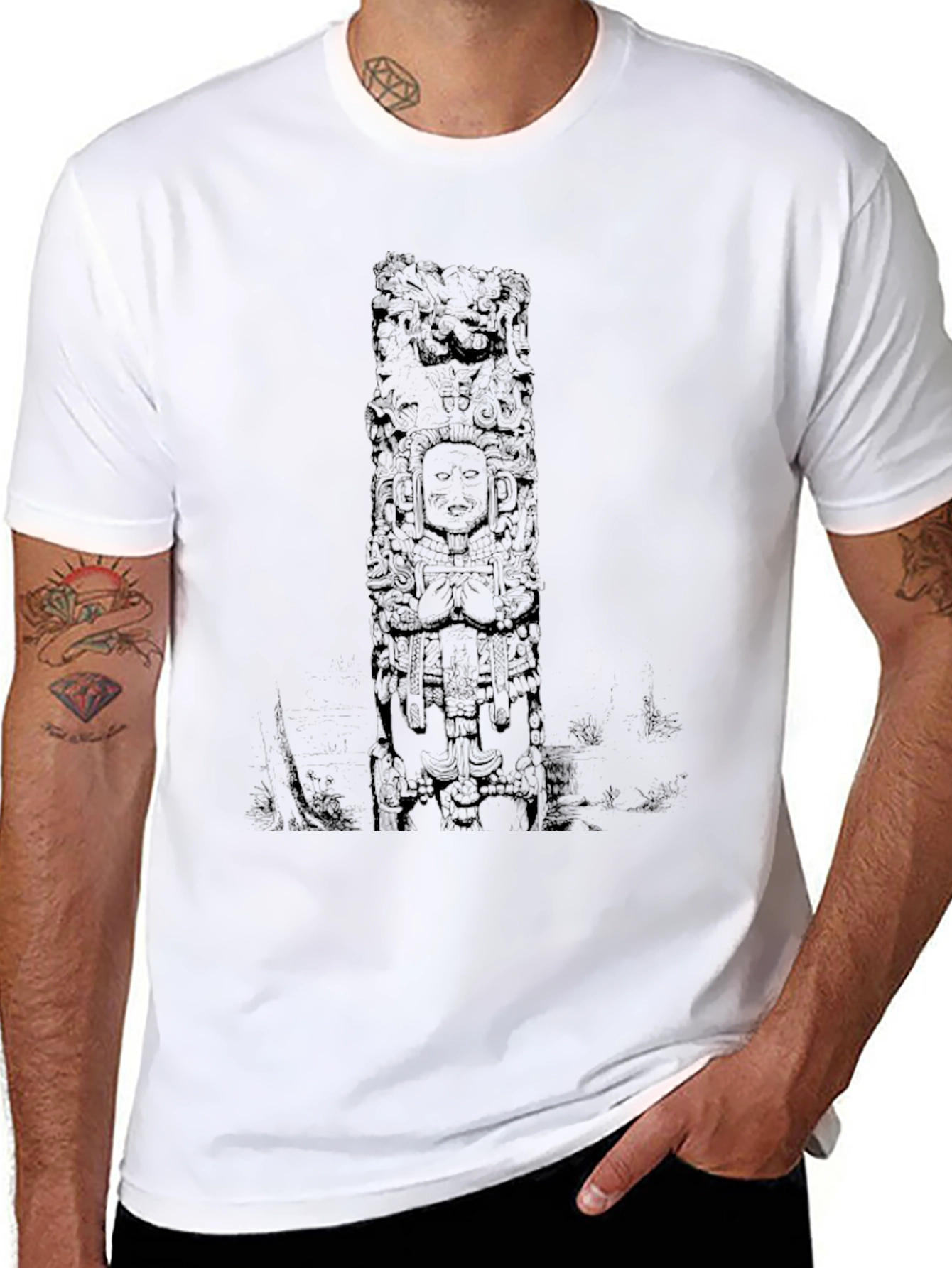 Mens Black Graphic Tee with Mayan Inspired Design