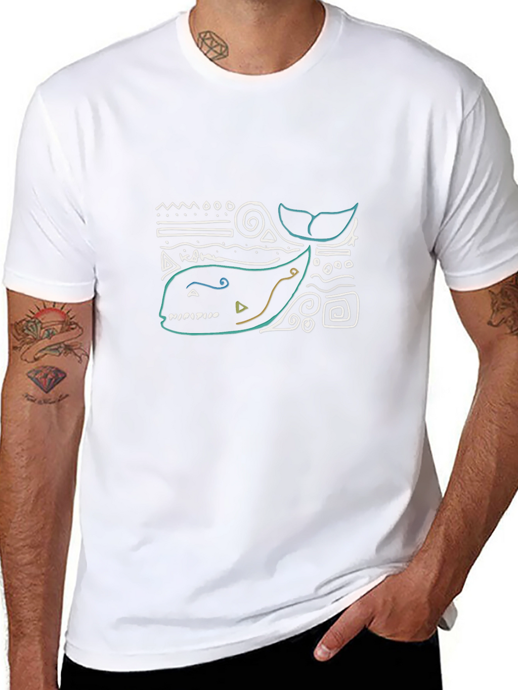 Abstract Whale Graphic Tee - Black Cotton T-Shirt