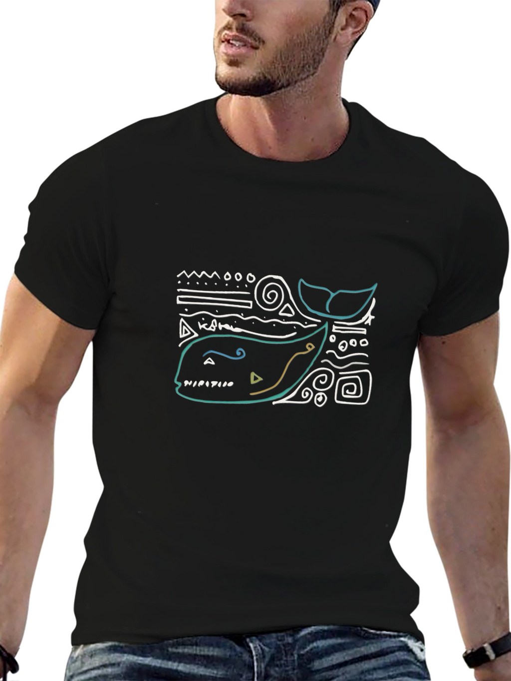 Abstract Whale Graphic Tee - Black Cotton T-Shirt