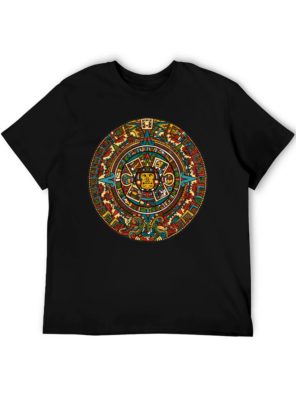 Aztec Calendar Graphic Tee - Black Crew Neck T-Shirt