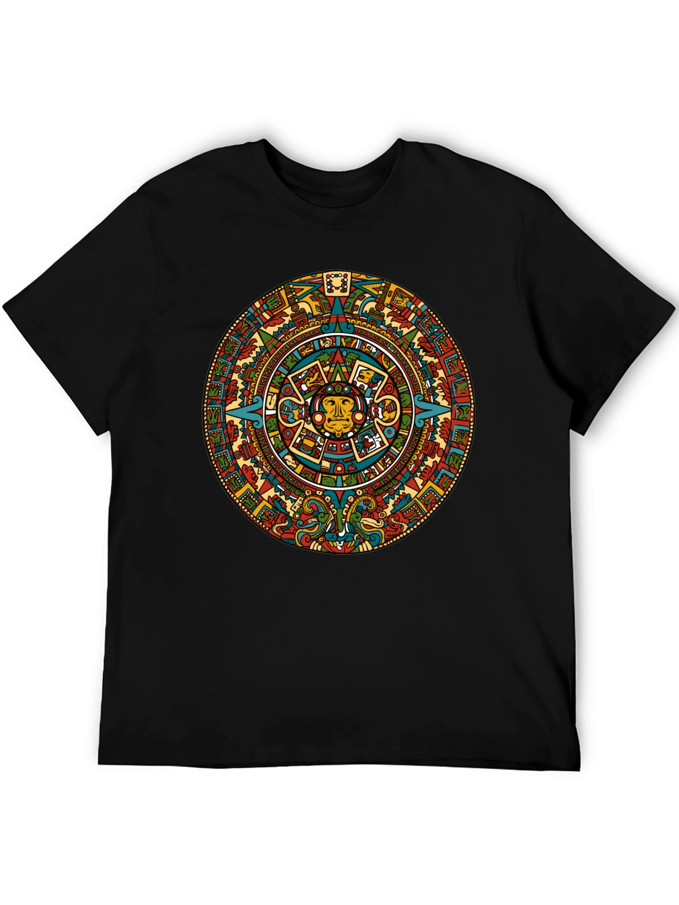 Aztec Calendar Graphic Tee - Black Crew Neck T-Shirt