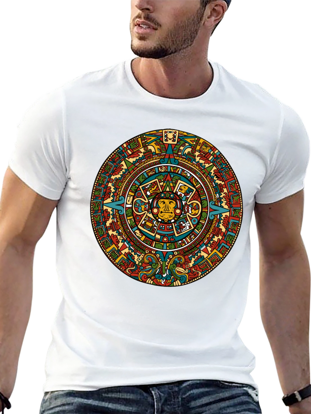 Aztec Calendar Graphic Tee - Black Crew Neck T-Shirt