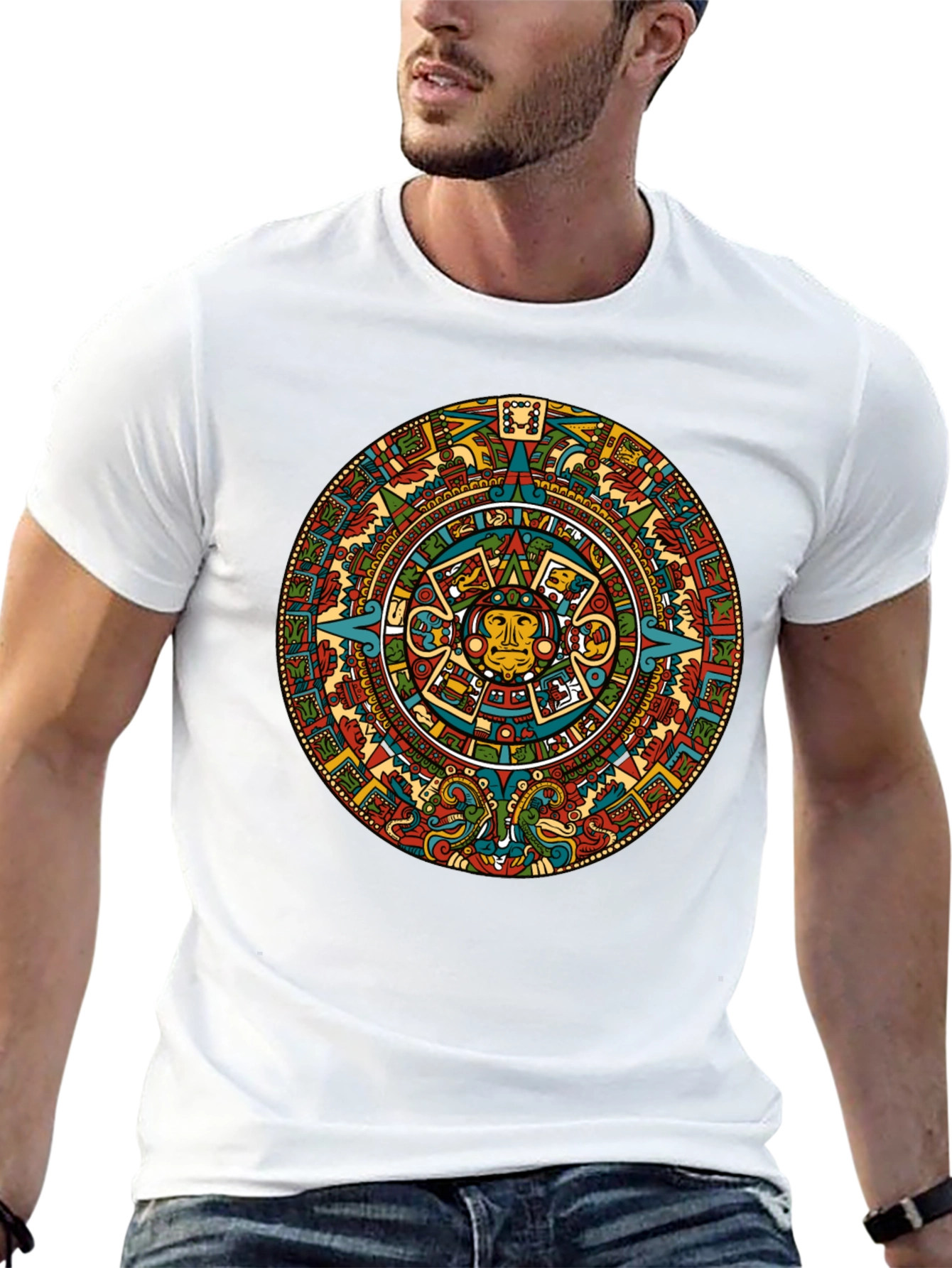 Aztec Calendar Graphic Tee - Black Crew Neck T-Shirt