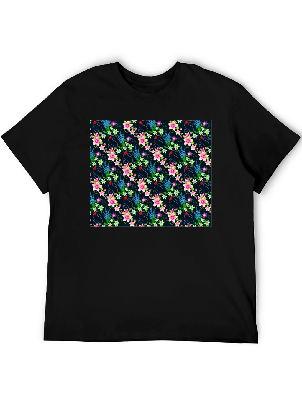 Floral Swan Print Mens Black T-Shirt