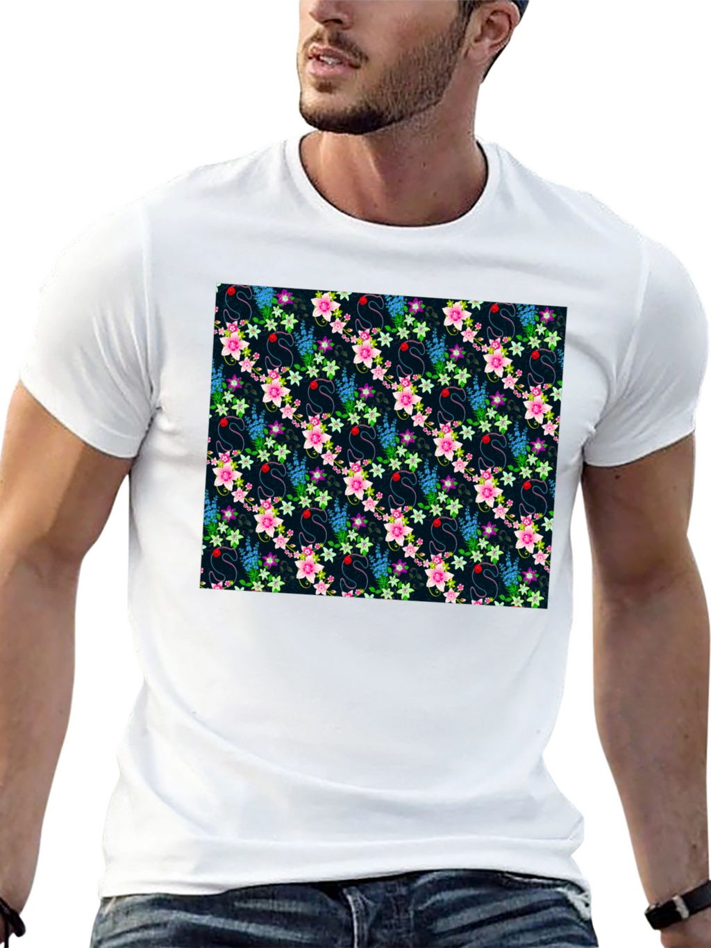Floral Swan Print Mens Black T-Shirt