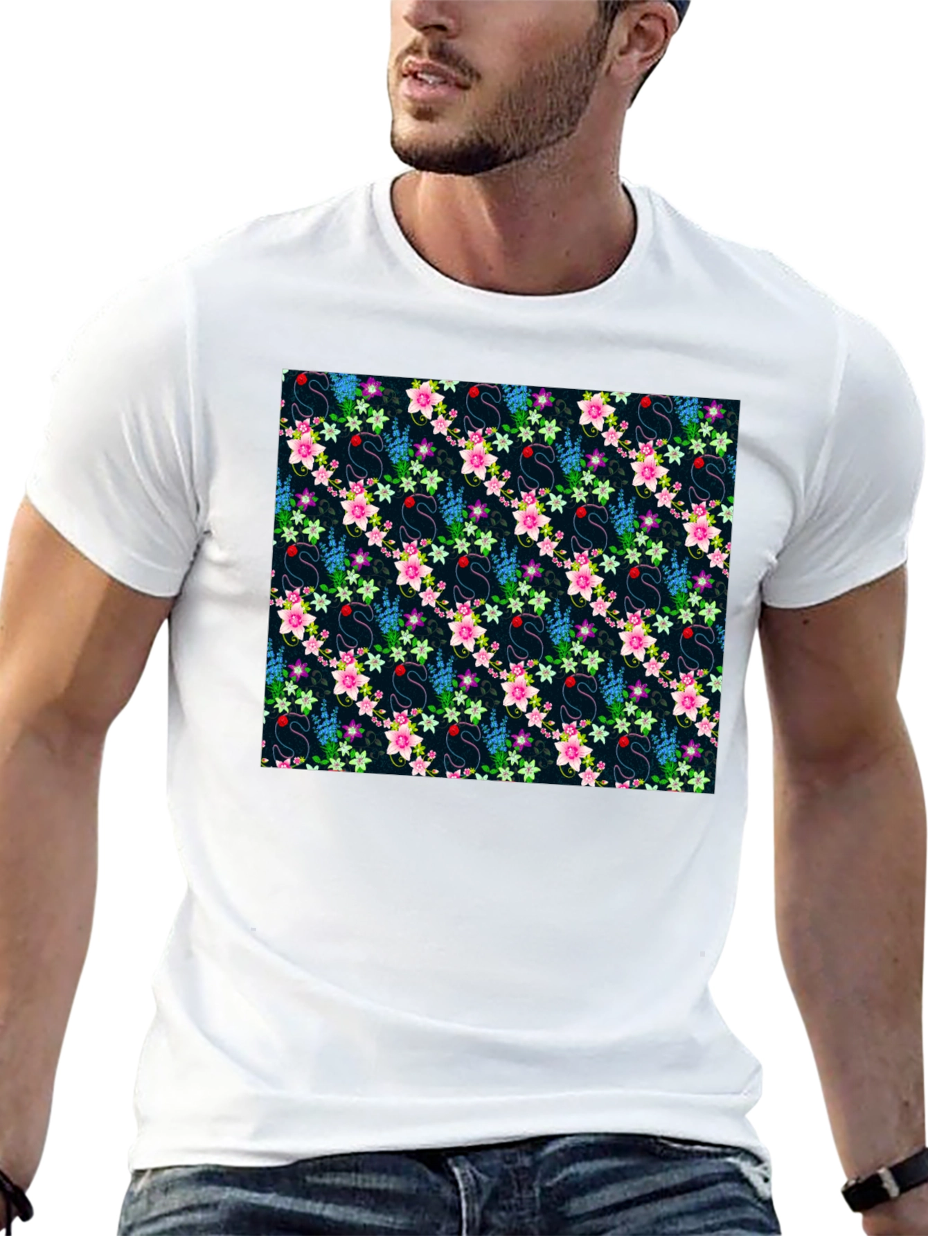 Floral Swan Print Mens Black T-Shirt