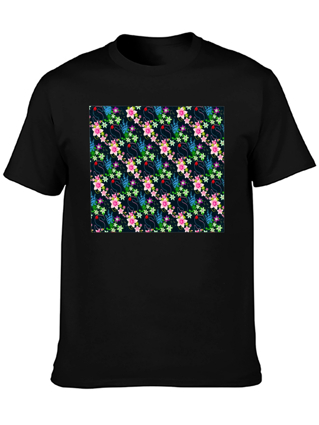 Floral Swan Print Mens Black T-Shirt