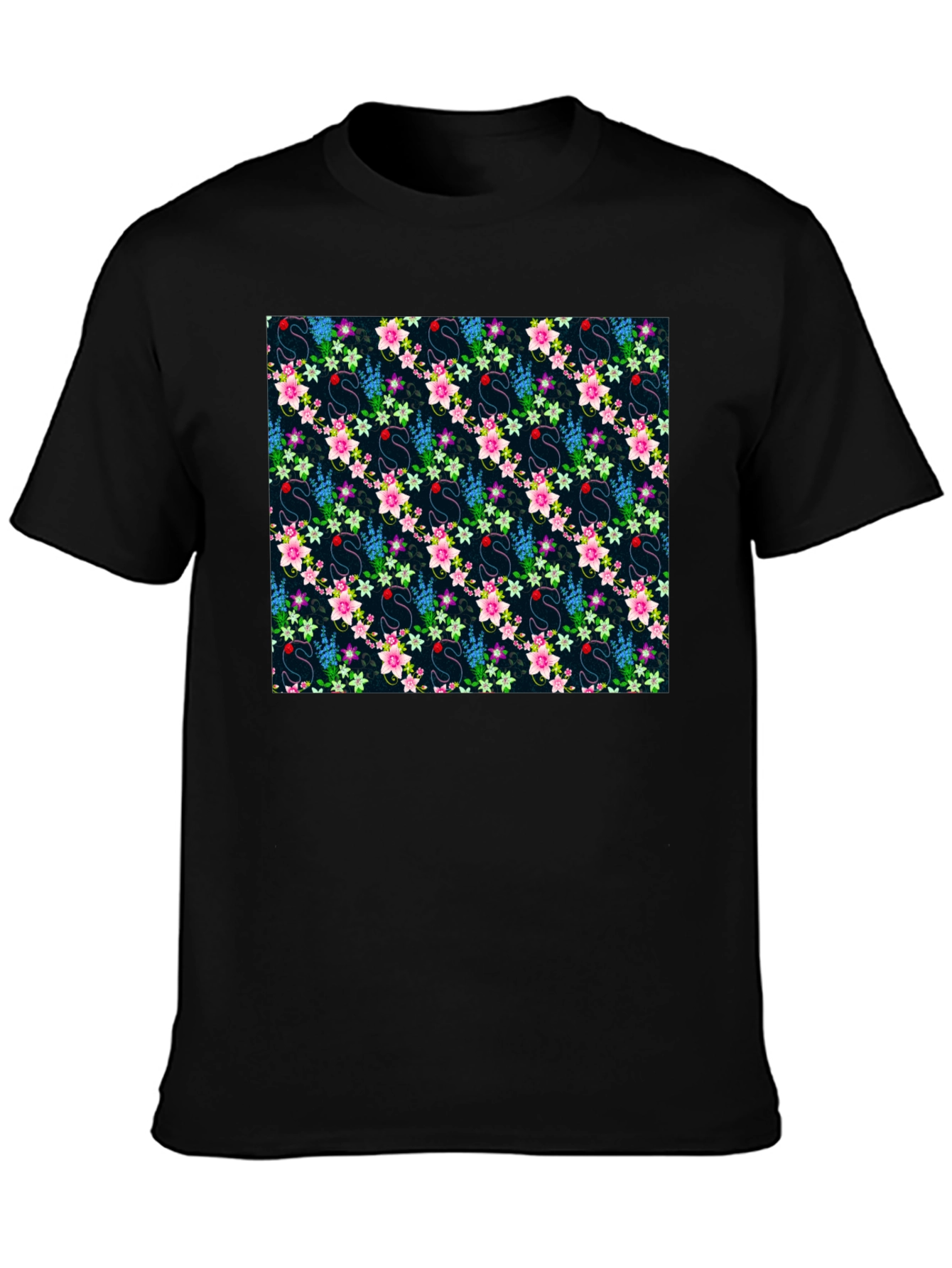 Floral Swan Print Mens Black T-Shirt