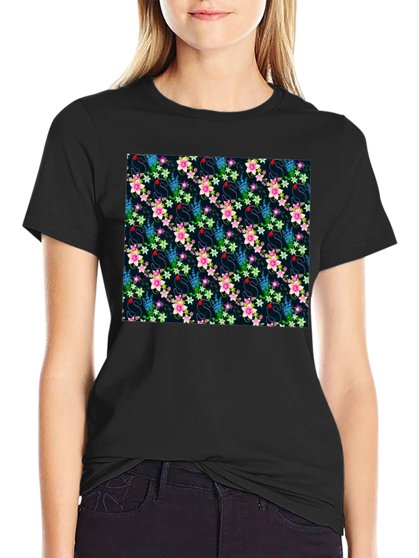 Floral Swan Print Mens Black T-Shirt