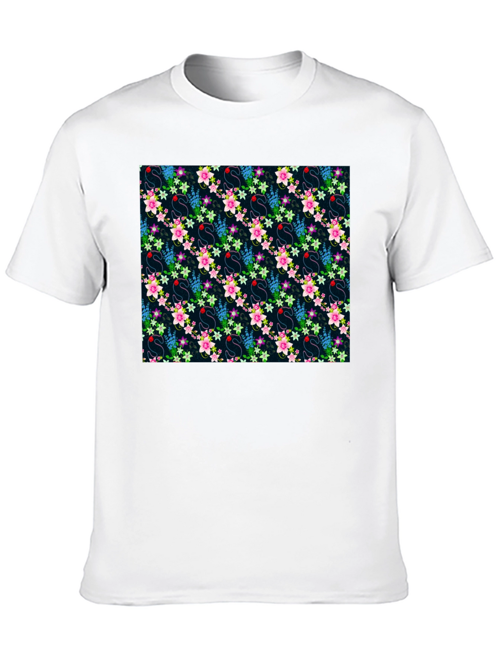 Floral Swan Print Mens Black T-Shirt