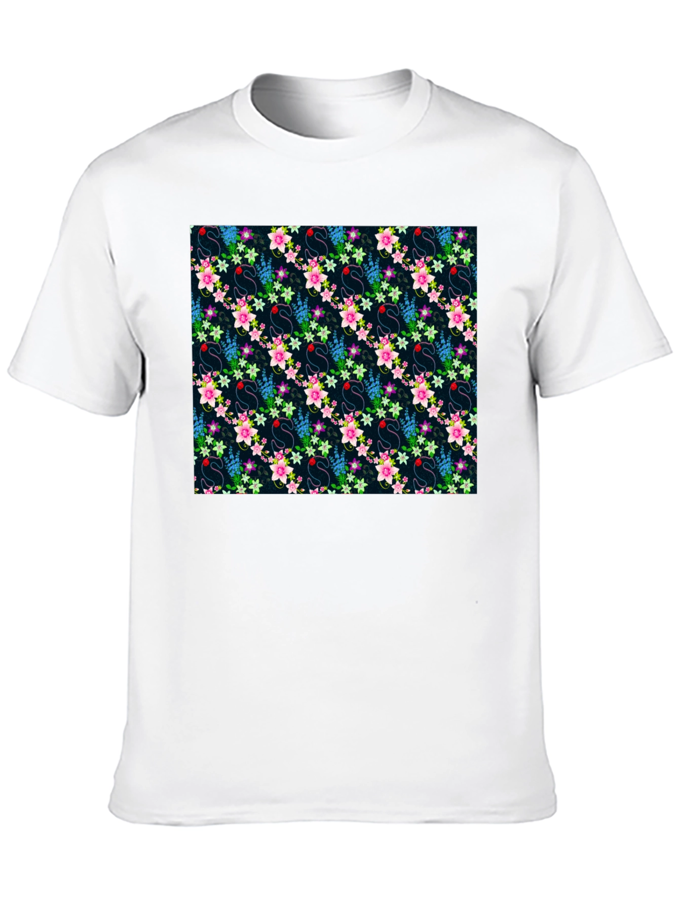 Floral Swan Print Mens Black T-Shirt