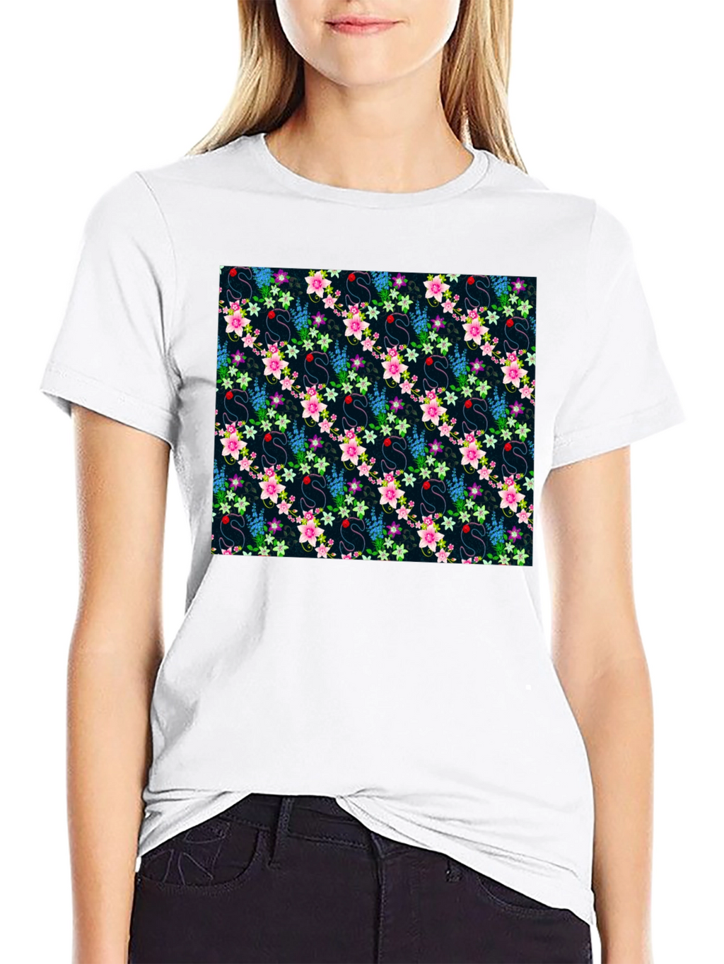 Floral Swan Print Mens Black T-Shirt