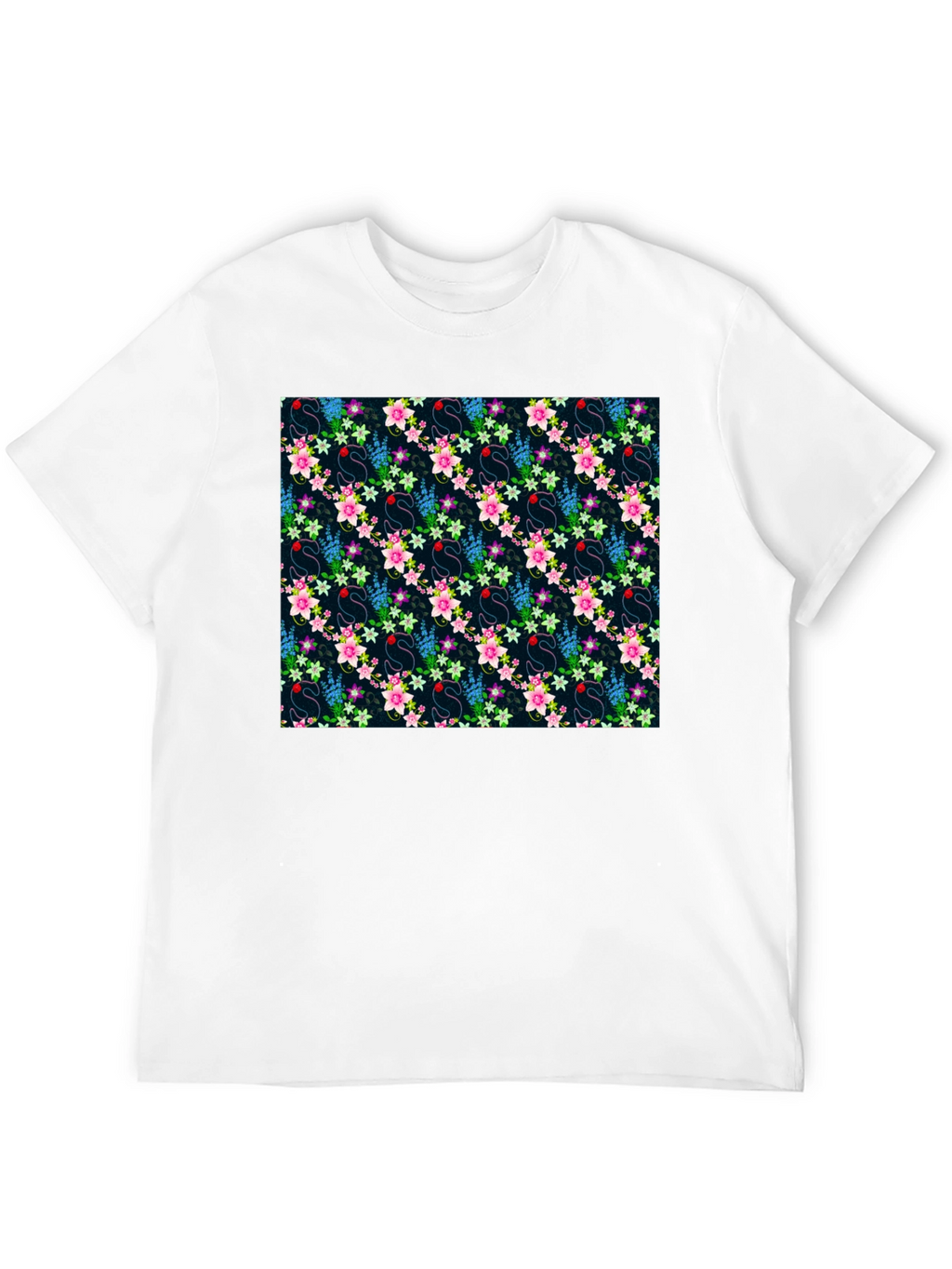 Floral Swan Print Mens Black T-Shirt